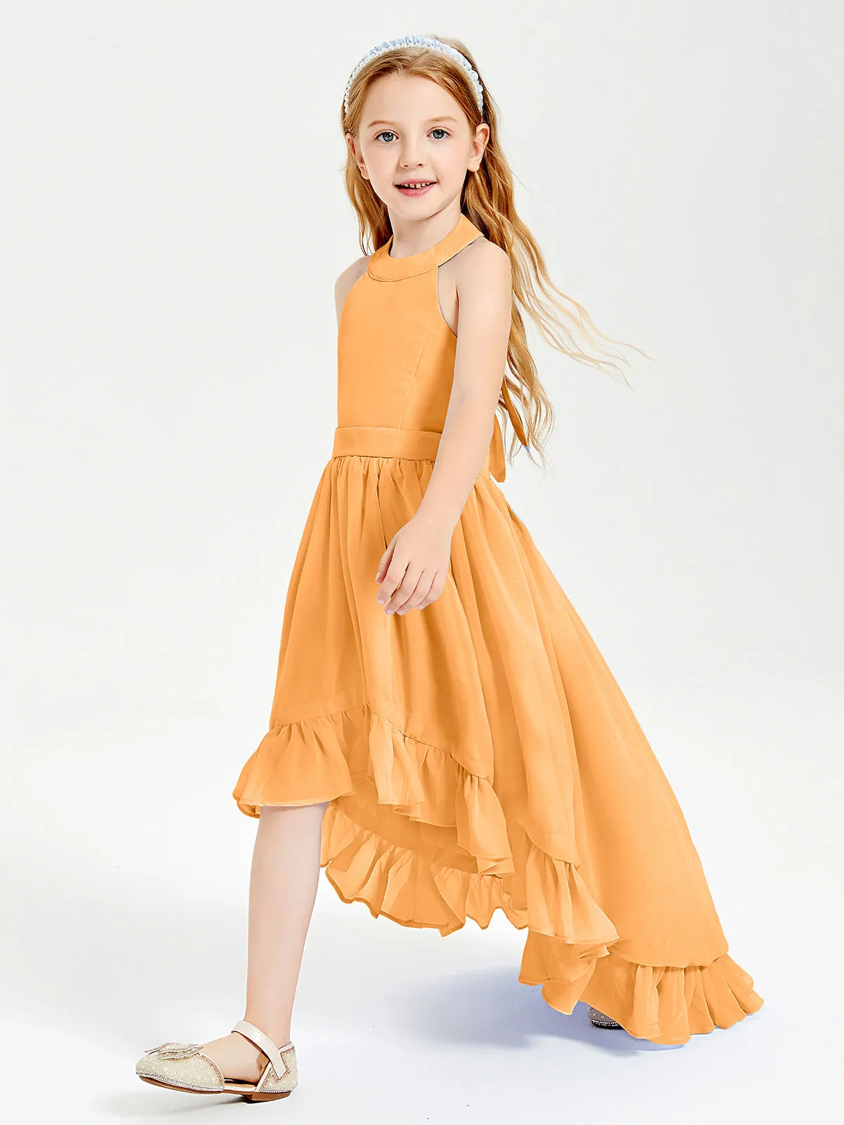 Boho Junior Bridesmaid Dresses Asymmetrical Cascading Skirt Tangerine