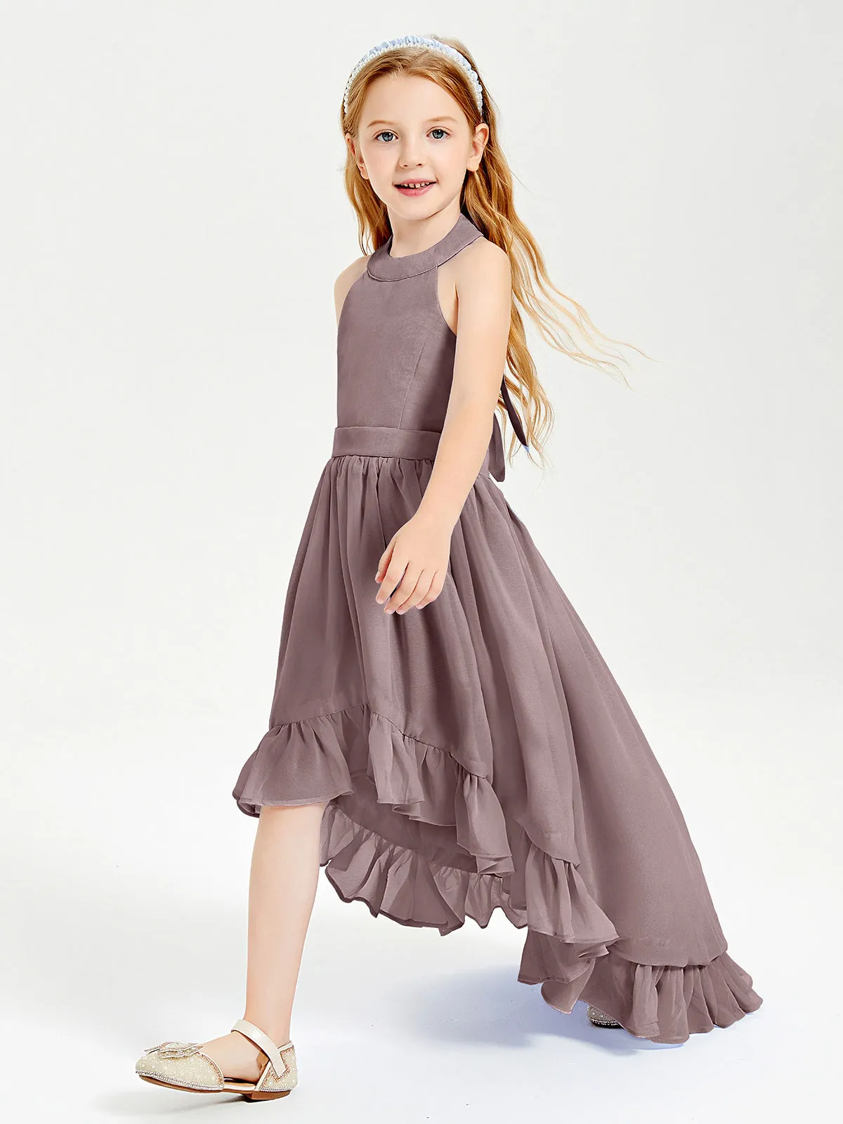 Boho Junior Bridesmaid Dresses Asymmetrical Cascading Skirt Vintage Mauve