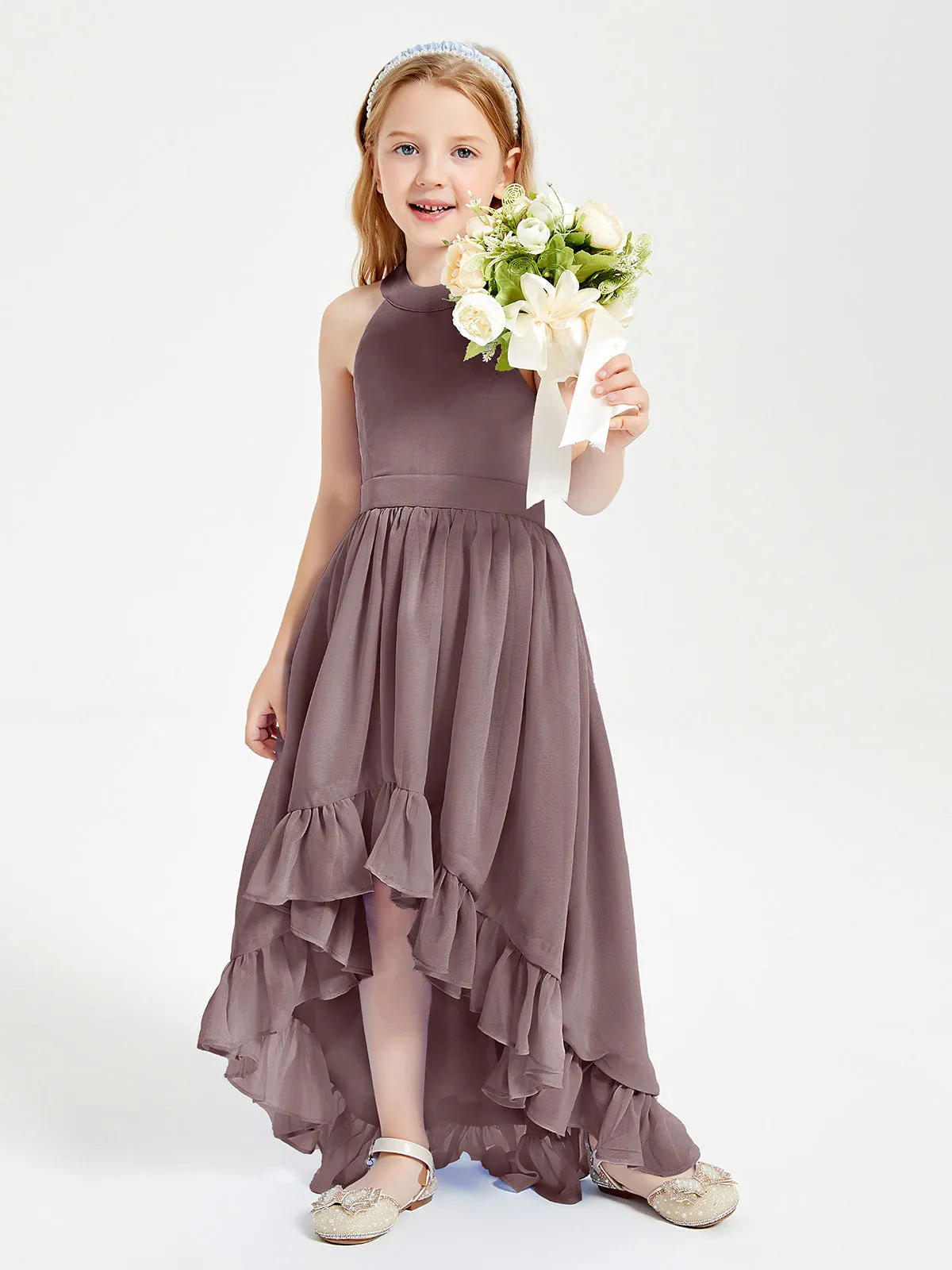 Boho Junior Bridesmaid Dresses Asymmetrical Cascading Skirt Vintage Mauve