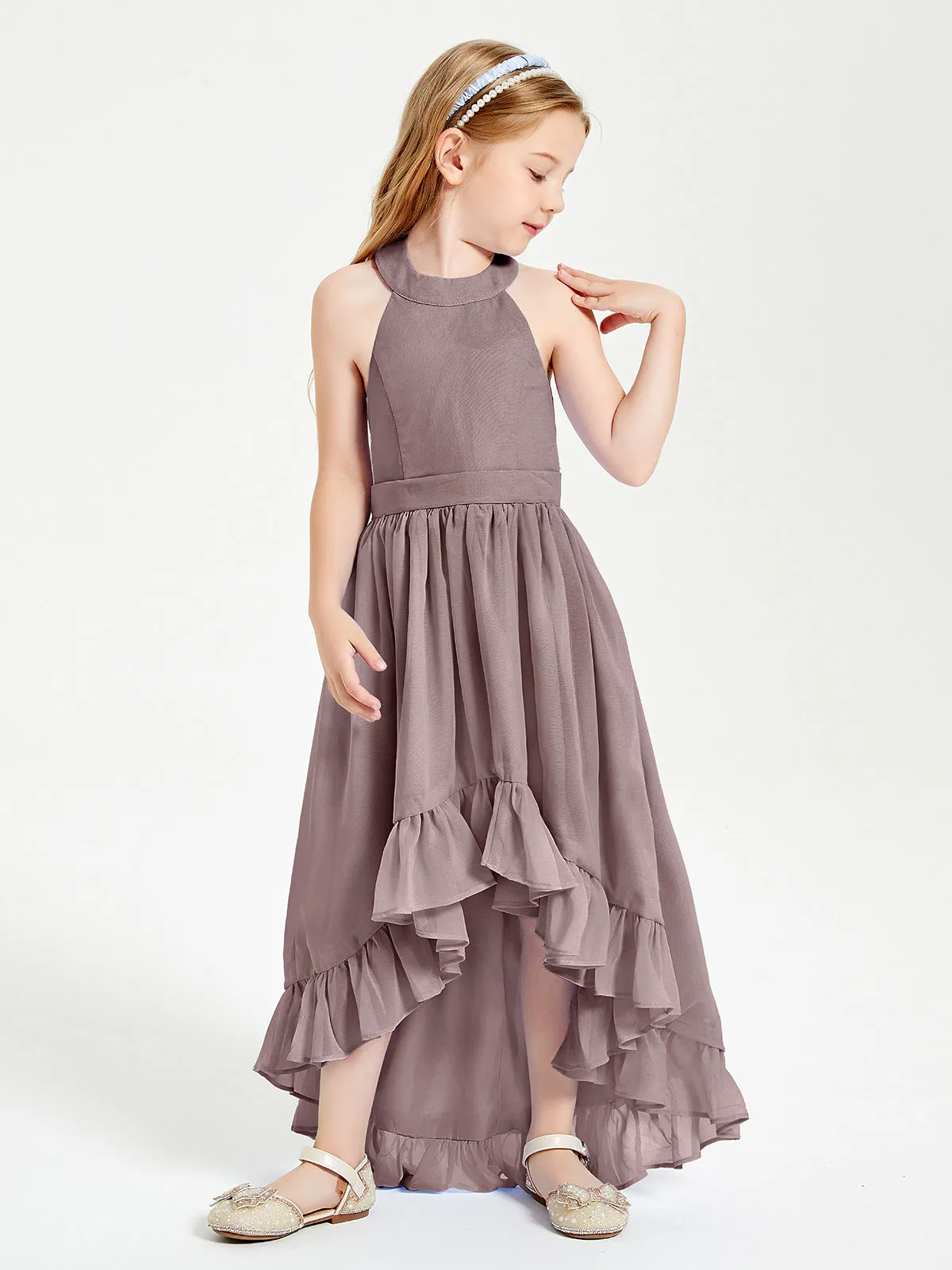 Boho Junior Bridesmaid Dresses Asymmetrical Cascading Skirt Vintage Mauve