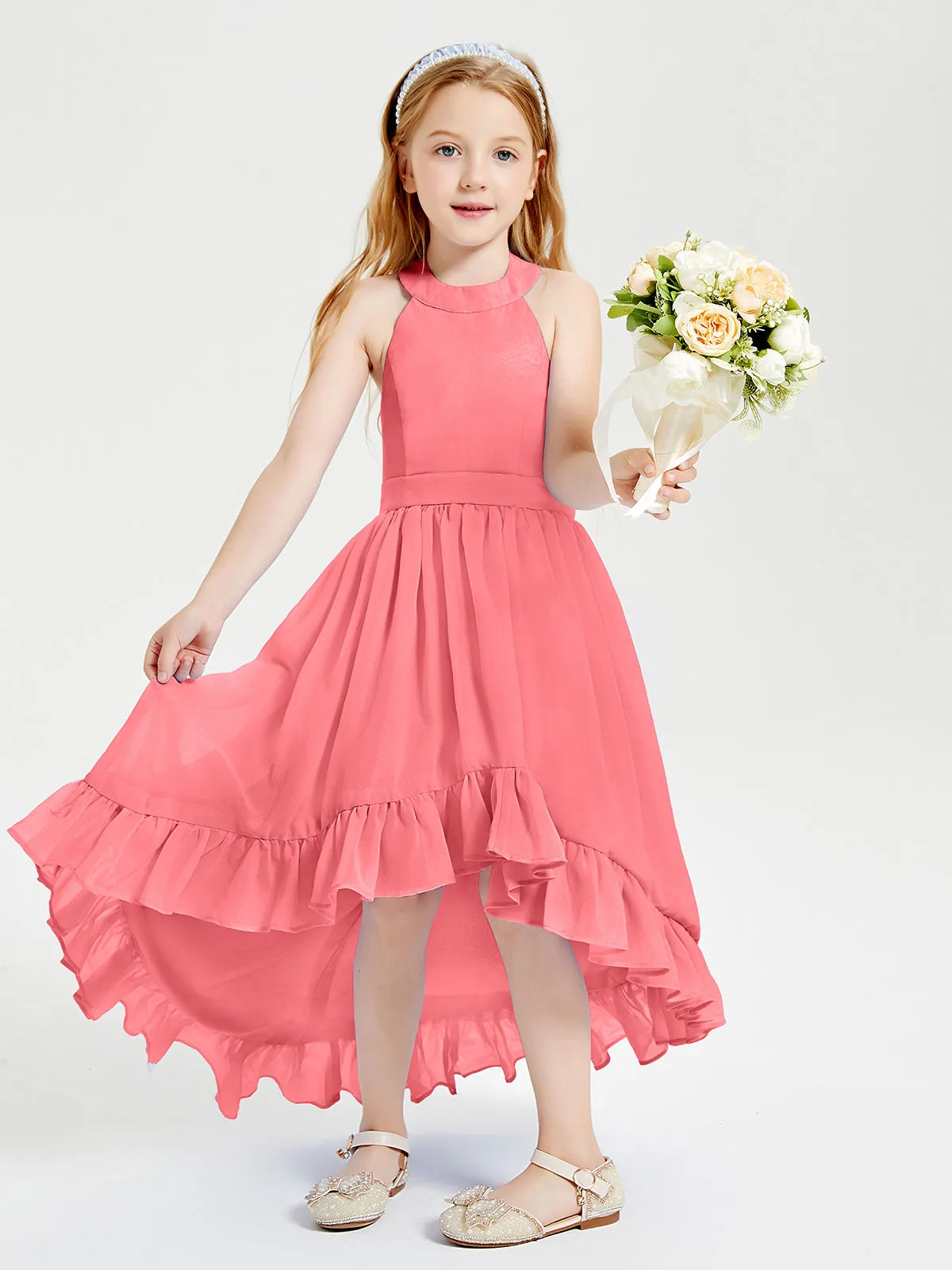 Boho Junior Bridesmaid Dresses Asymmetrical Cascading Skirt Watermelon