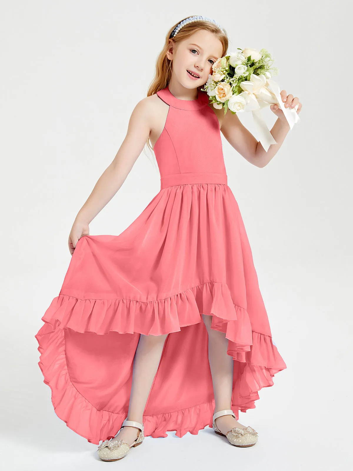 Boho Junior Bridesmaid Dresses Asymmetrical Cascading Skirt Watermelon