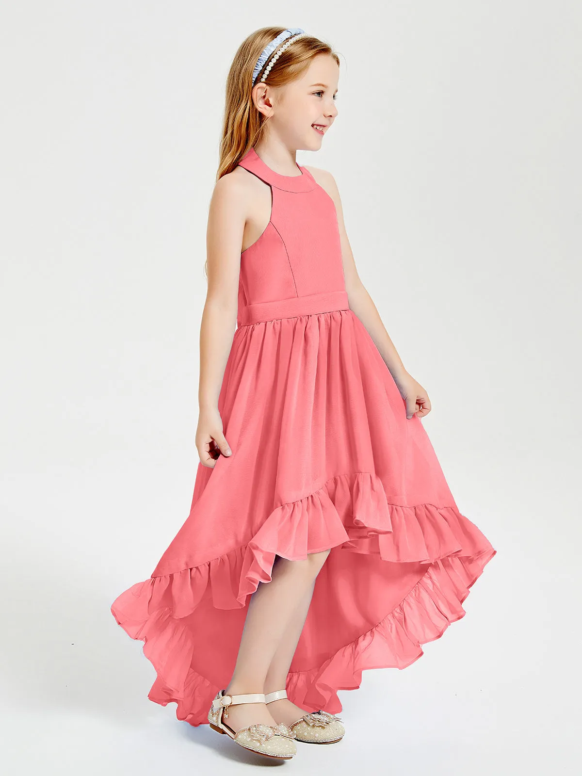 Boho Junior Bridesmaid Dresses Asymmetrical Cascading Skirt Watermelon