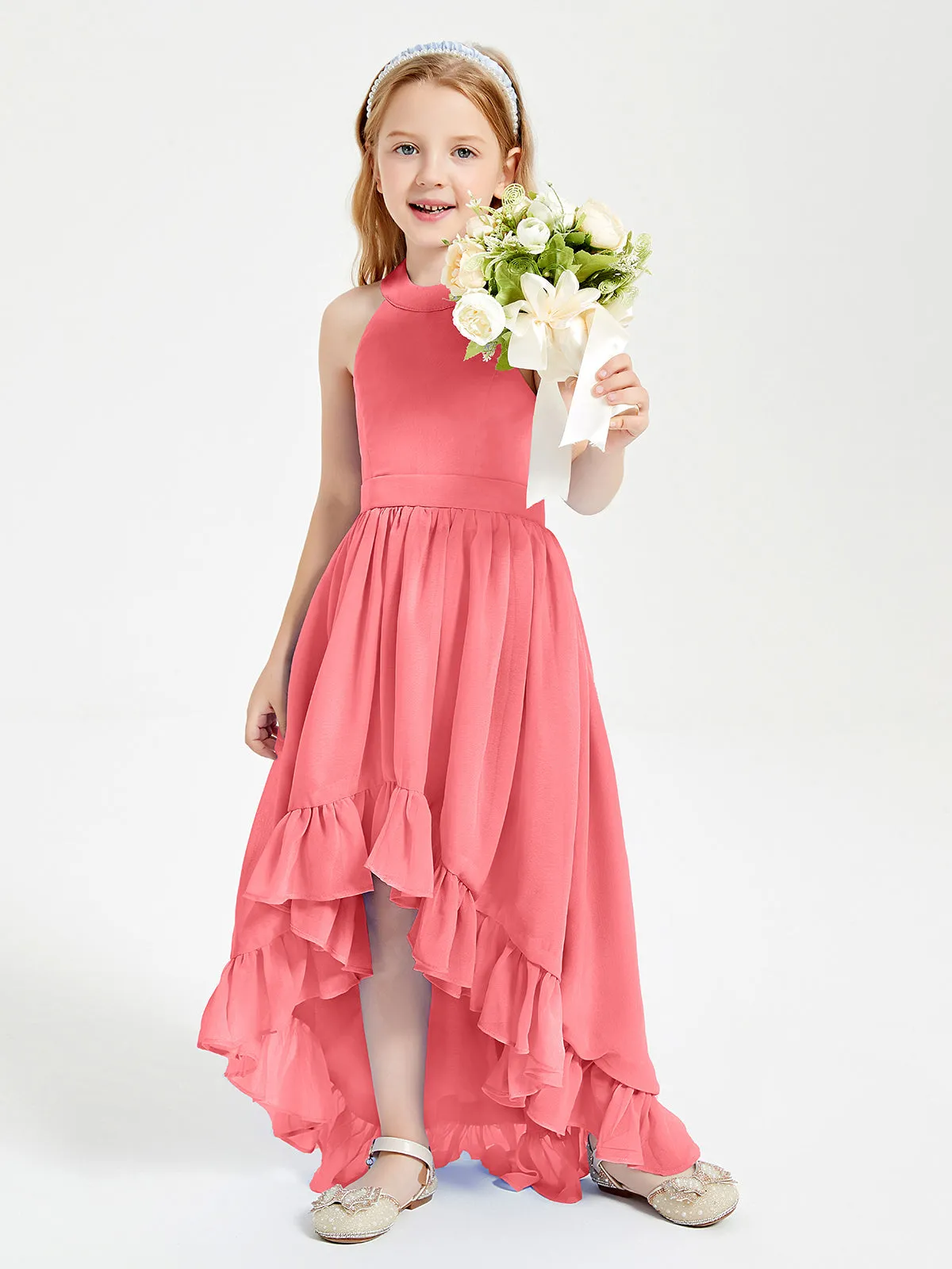 Boho Junior Bridesmaid Dresses Asymmetrical Cascading Skirt Watermelon