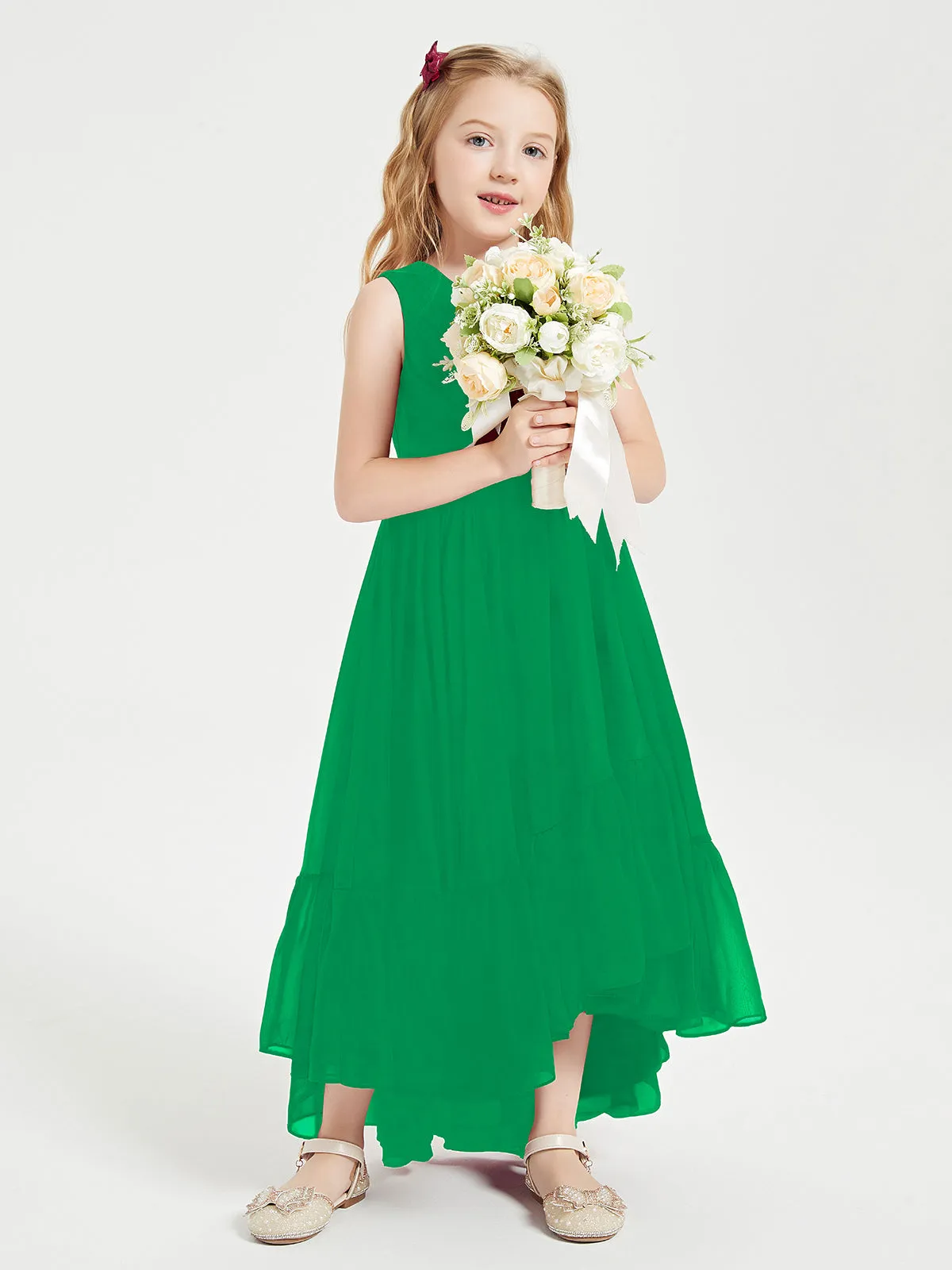 Boho Junior Bridesmaid Dresses Cascading Skirt Emerald