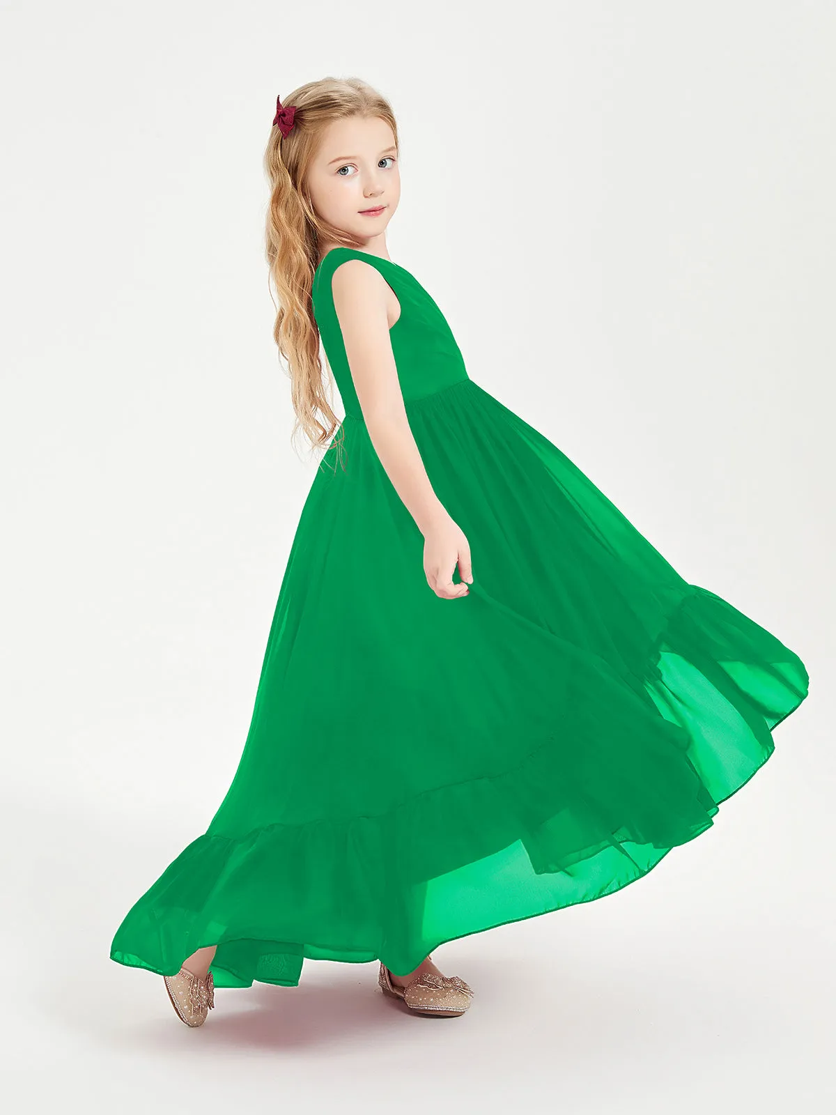 Boho Junior Bridesmaid Dresses Cascading Skirt Emerald