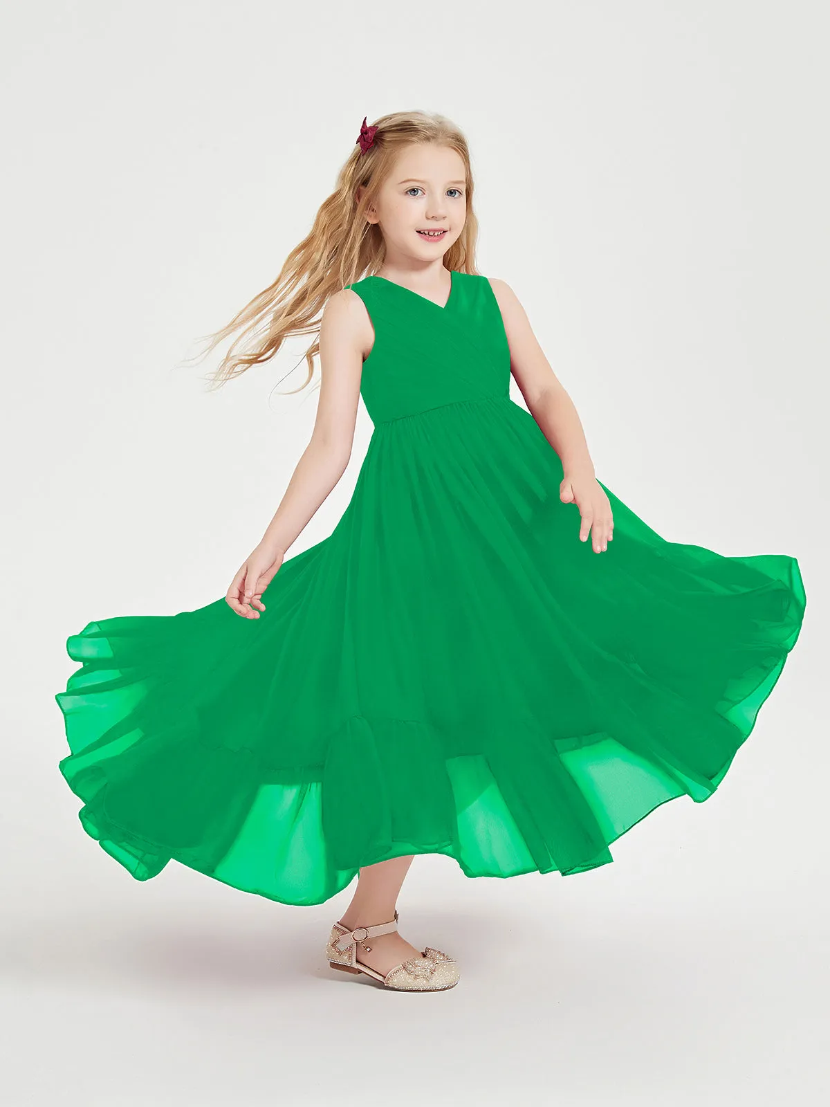 Boho Junior Bridesmaid Dresses Cascading Skirt Emerald