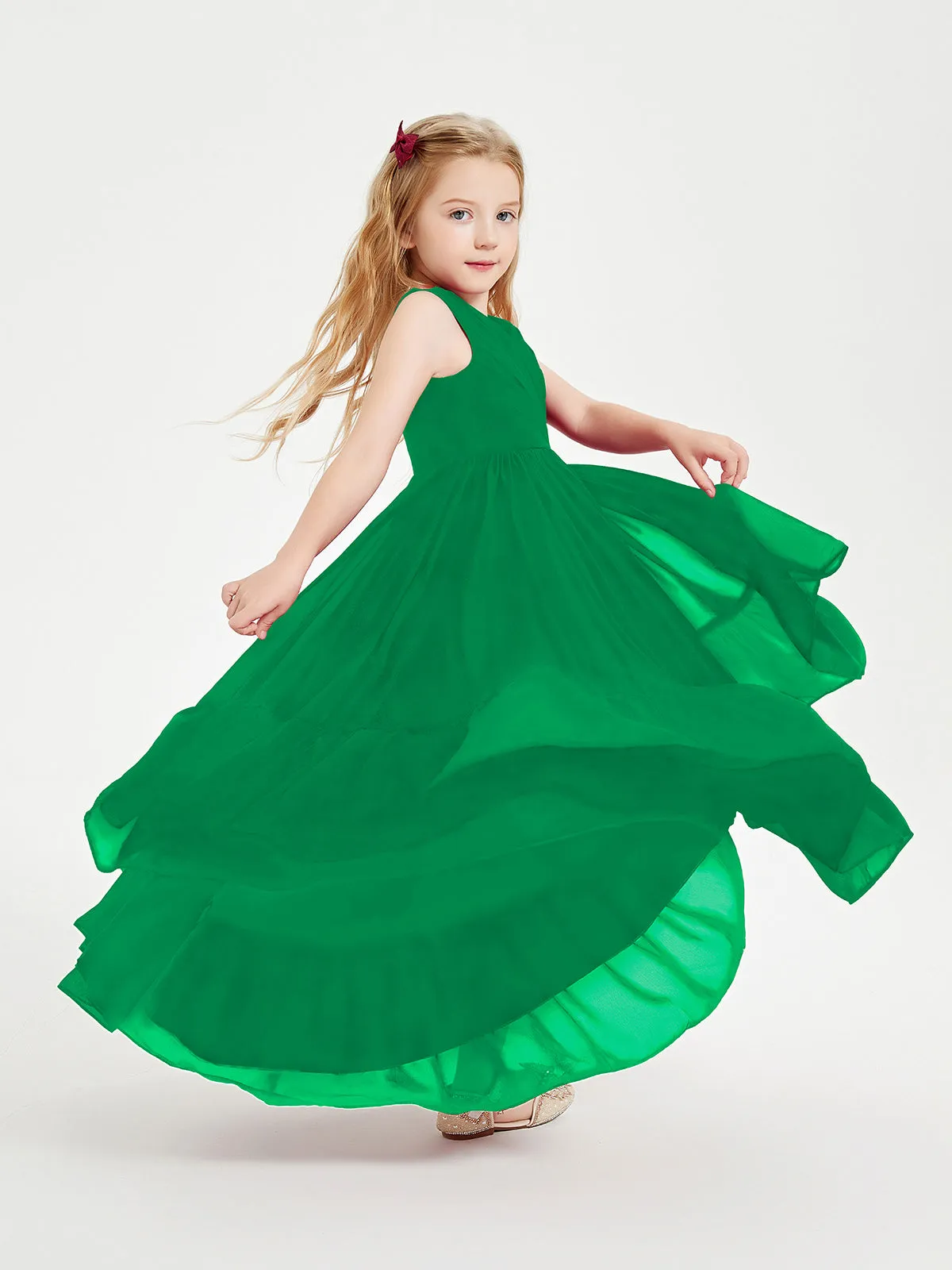 Boho Junior Bridesmaid Dresses Cascading Skirt Emerald