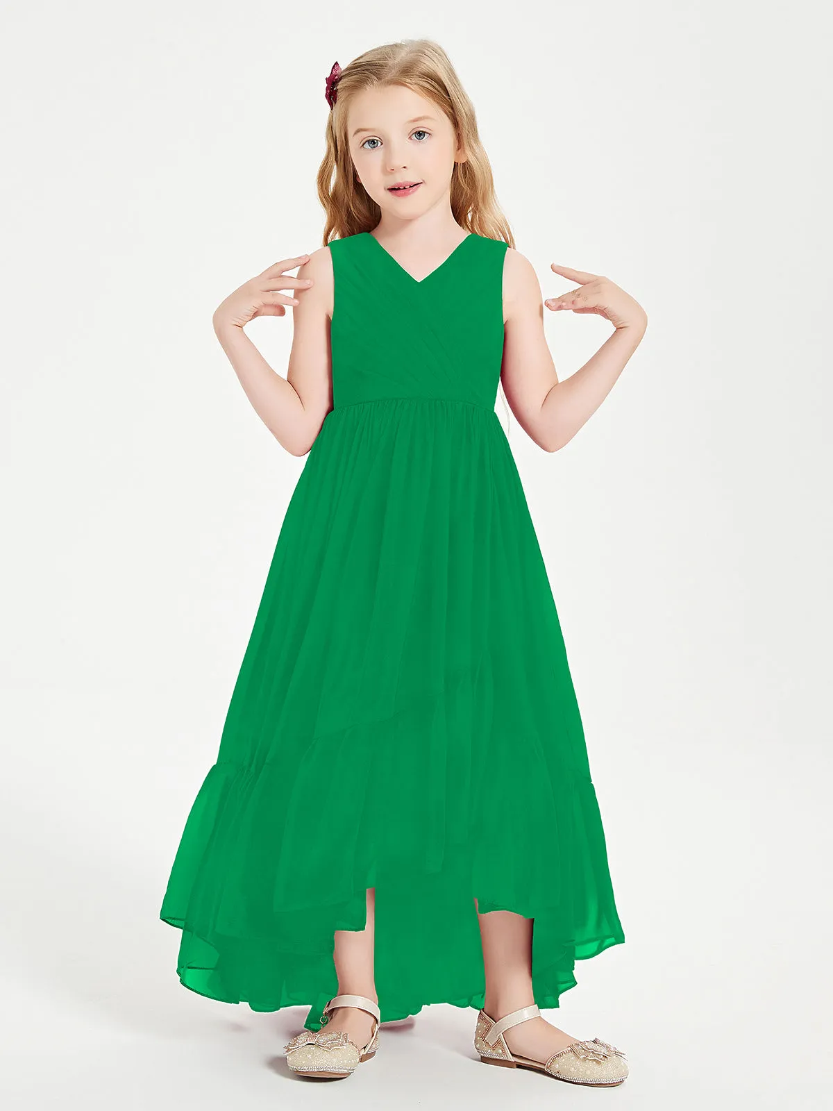 Boho Junior Bridesmaid Dresses Cascading Skirt Emerald