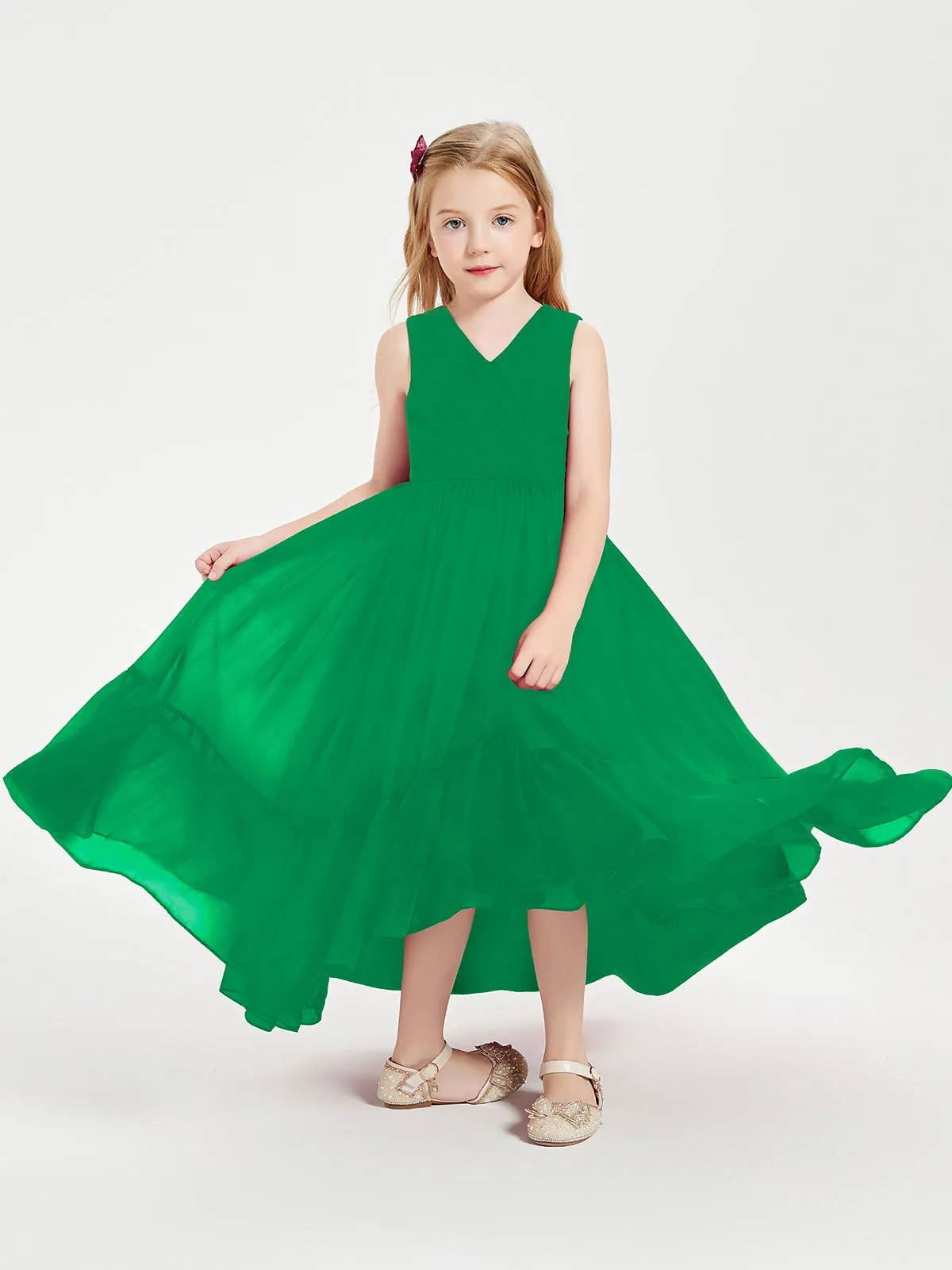 Boho Junior Bridesmaid Dresses Cascading Skirt Emerald