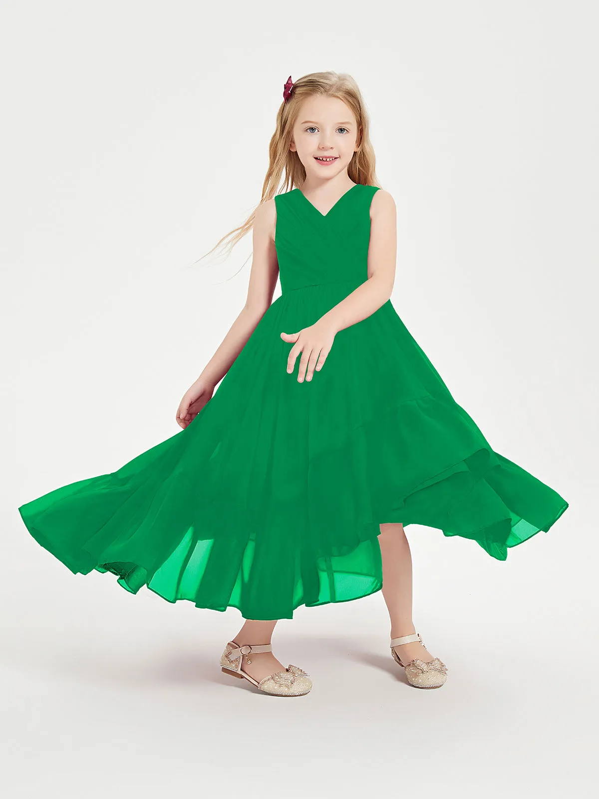 Boho Junior Bridesmaid Dresses Cascading Skirt Emerald