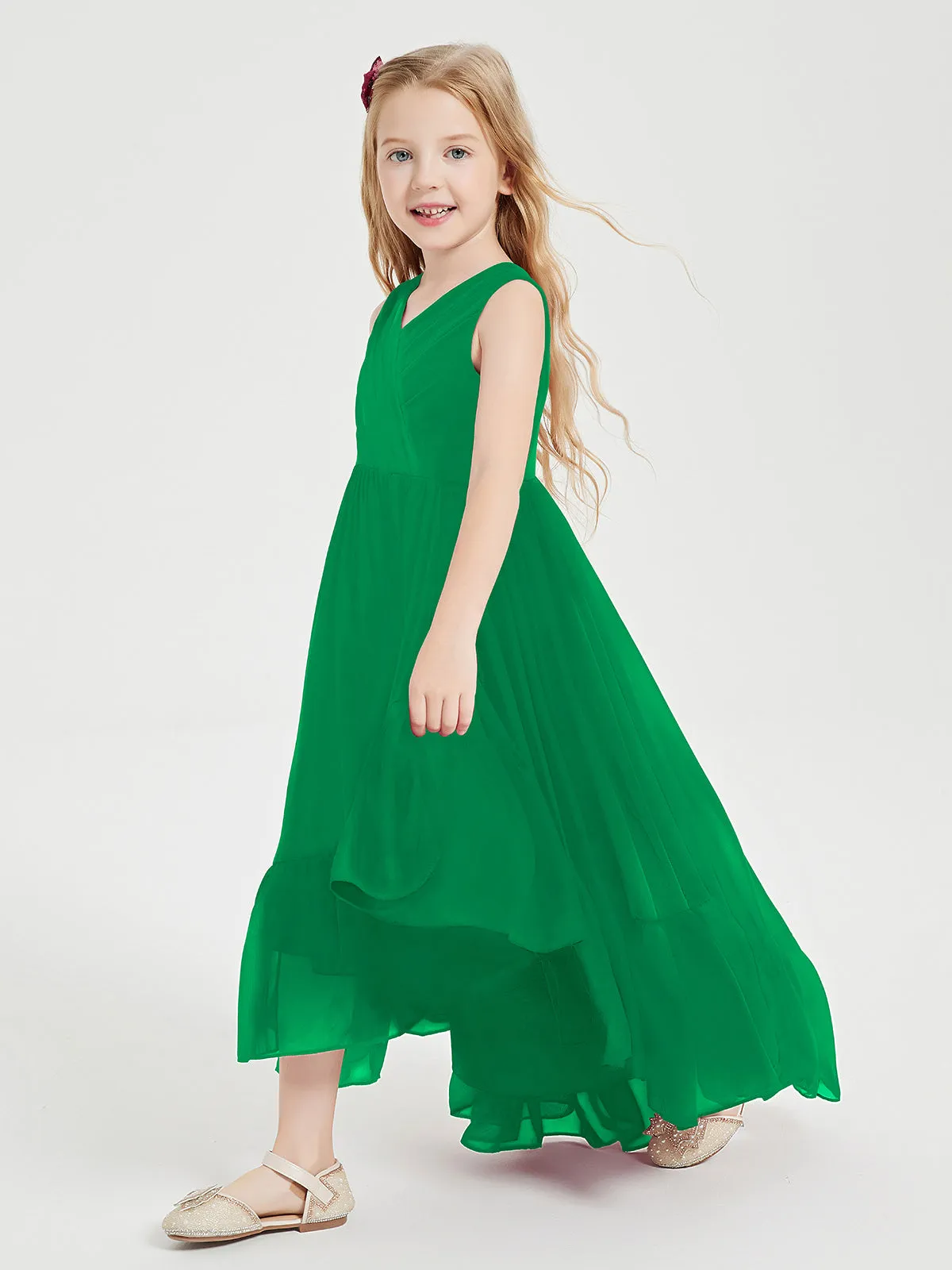 Boho Junior Bridesmaid Dresses Cascading Skirt Emerald