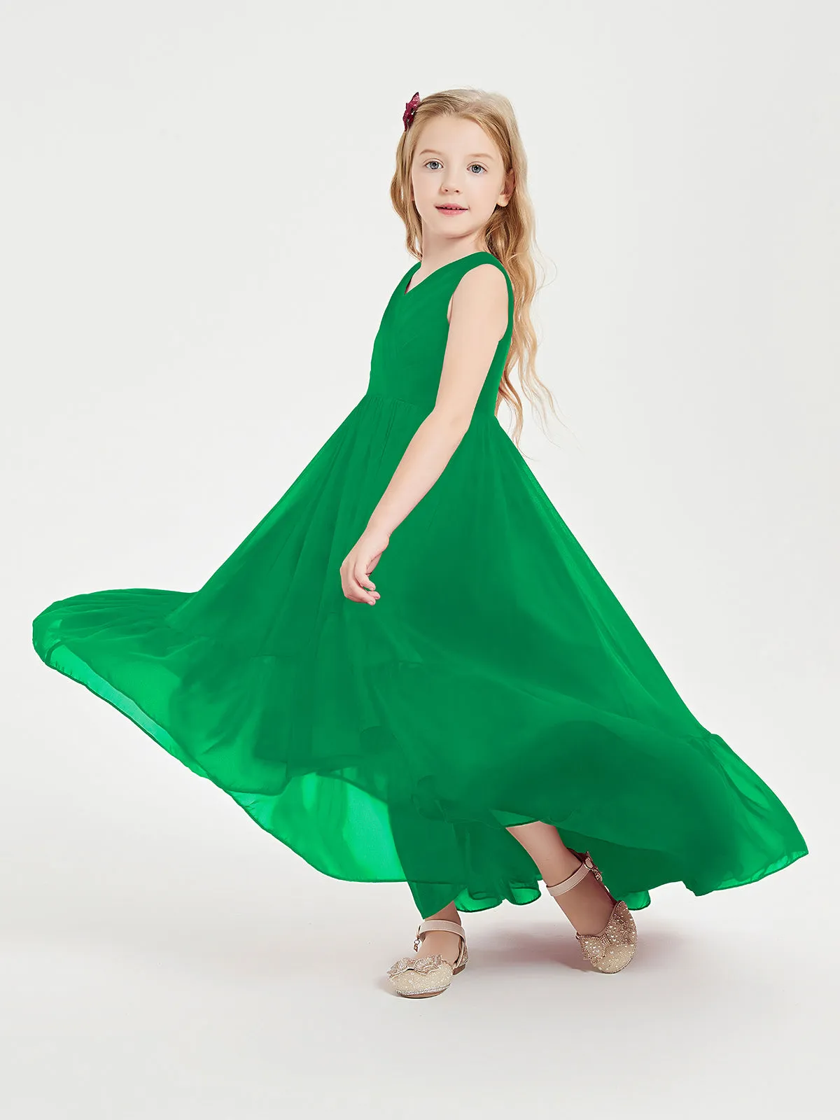 Boho Junior Bridesmaid Dresses Cascading Skirt Emerald