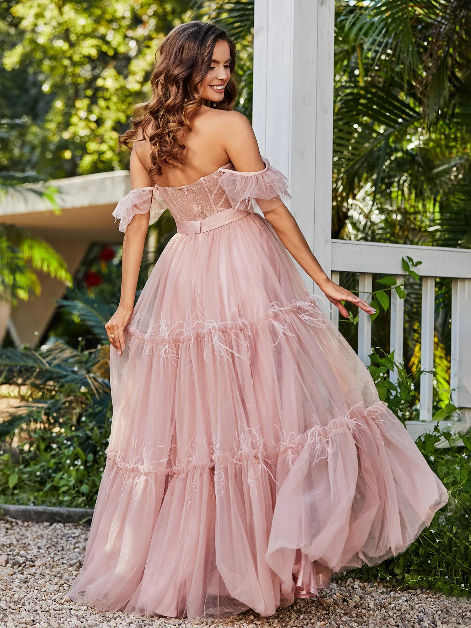 Boho Tiered Skirt Corset Bodice Tulle Dress Dusty Rose