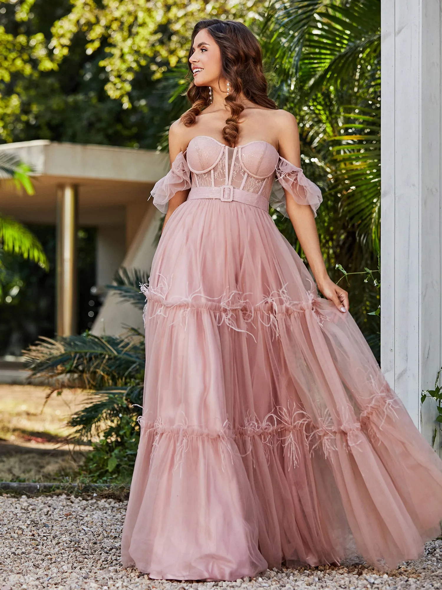 Boho Tiered Skirt Corset Bodice Tulle Dress Dusty Rose