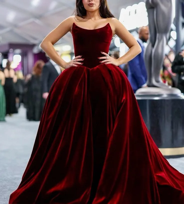 Burgundy velvet stylish elegant long ball gown evening dress gh3041