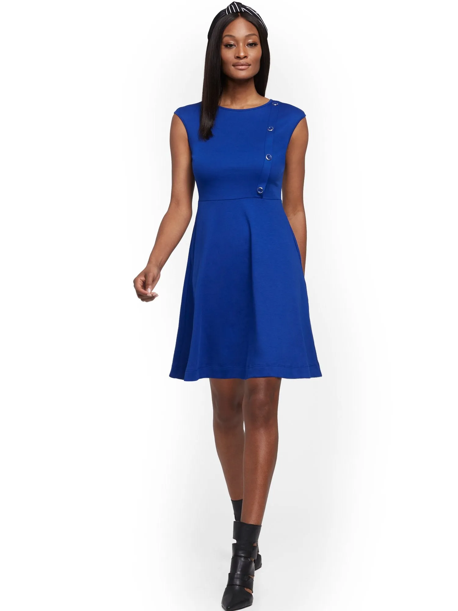 Button-Accent Cotton Fit and Flare Dress