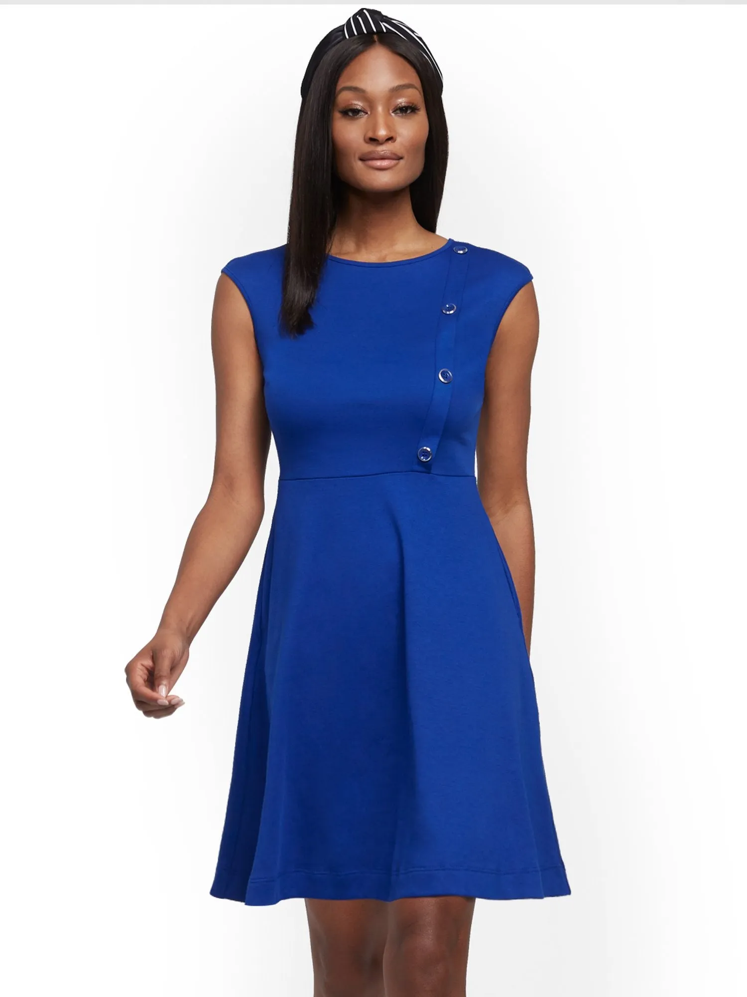 Button-Accent Cotton Fit and Flare Dress