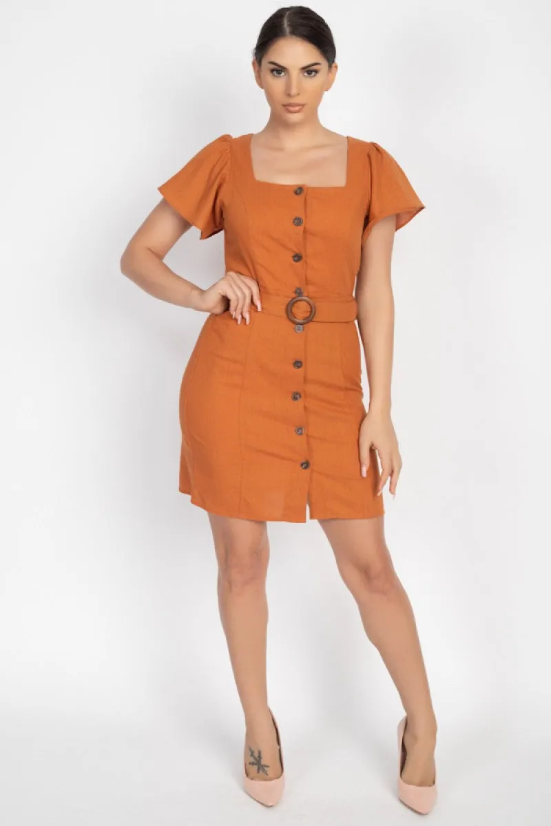 Button-front Butterfly Sleeve Dress