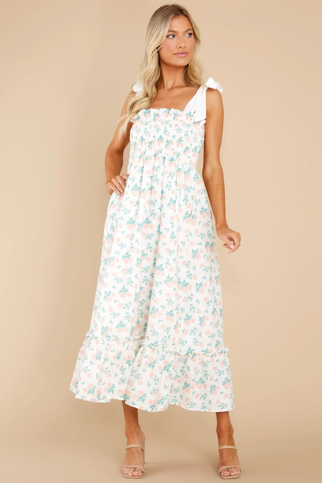 Camera Shy Peach Floral Print Cotton Midi Dress