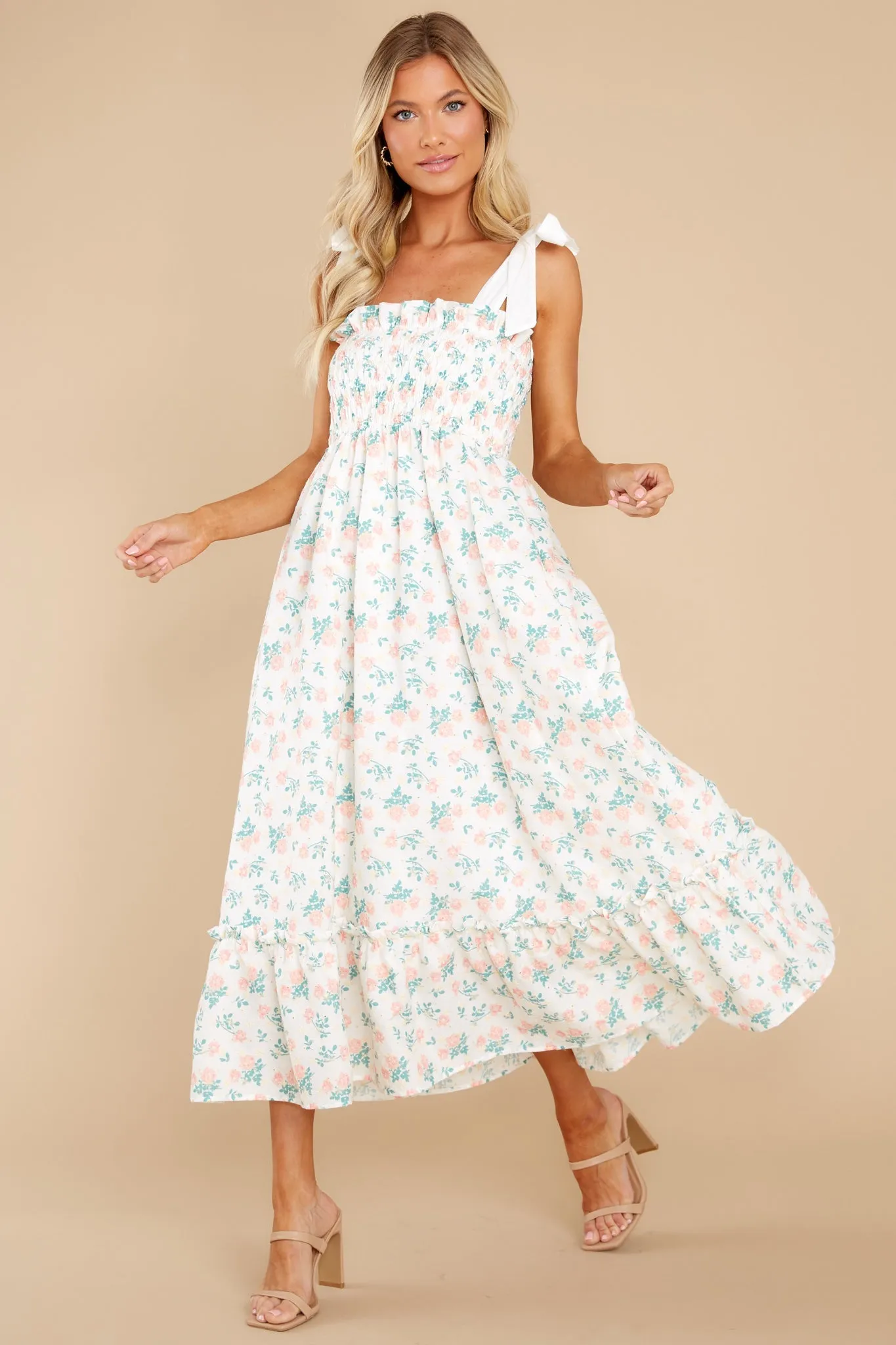 Camera Shy Peach Floral Print Cotton Midi Dress