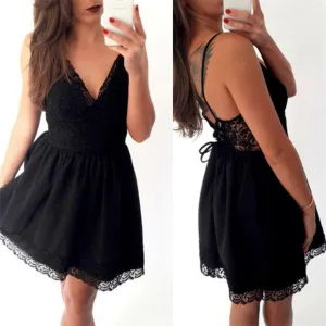 Charming black Lace up Spaghetti Strap lace short cheap homecoming dresses, HD0348