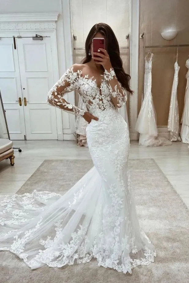 Charming Long Sleeves Lace Appliques Mermaid Wedding Dresses