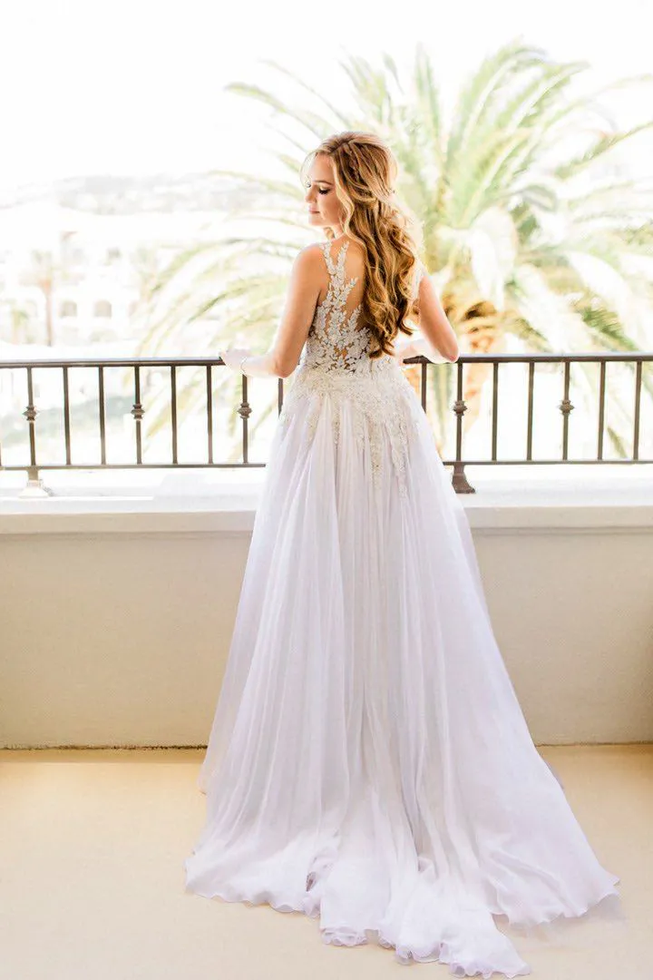 Charming See Through Applique Top Chiffon Beach Wedding Dresses, AB1166