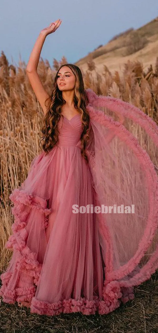 Charming V-neck A-line Tulle Floor-length Long Prom Dresses,SFPD0122