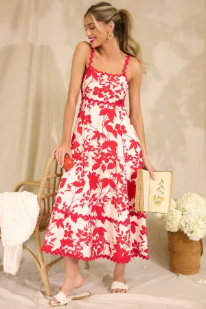 Cherry Blossom Bliss Red Floral Midi Dress