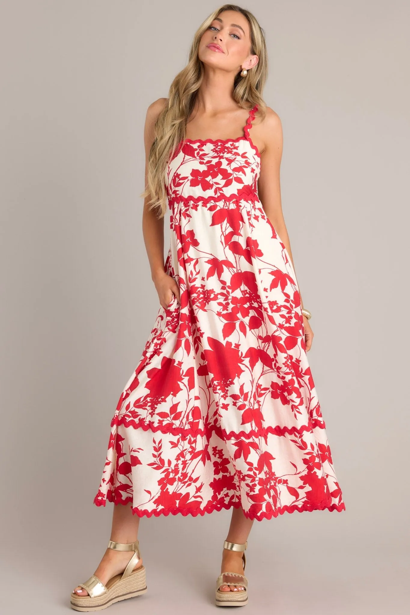 Cherry Blossom Bliss Red Floral Midi Dress