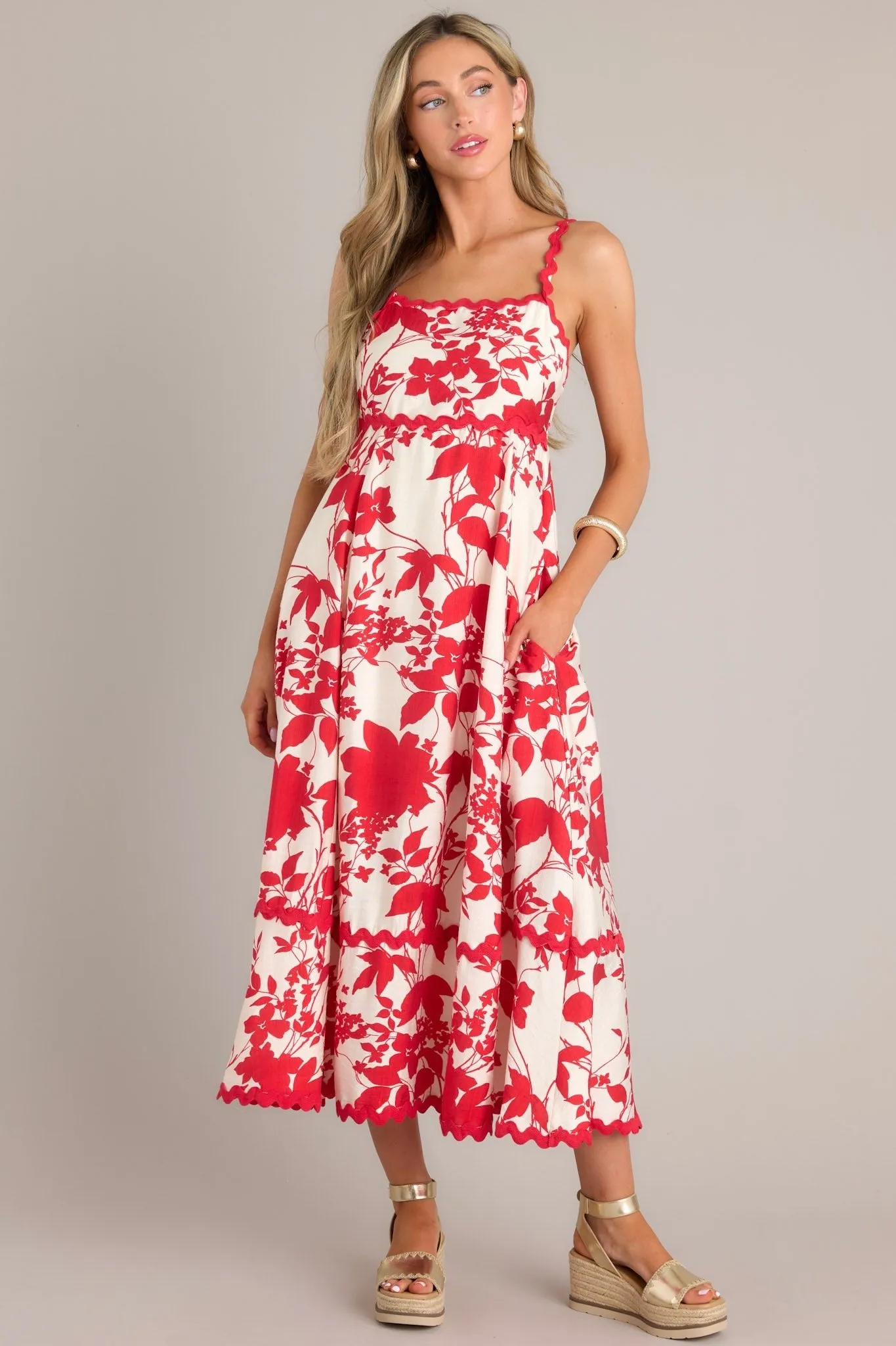 Cherry Blossom Bliss Red Floral Midi Dress