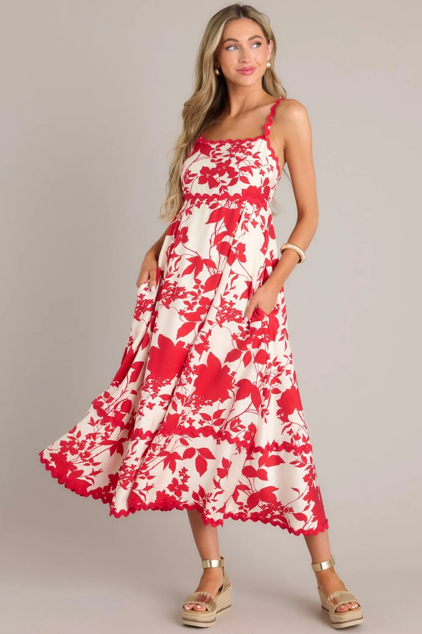 Cherry Blossom Bliss Red Floral Midi Dress