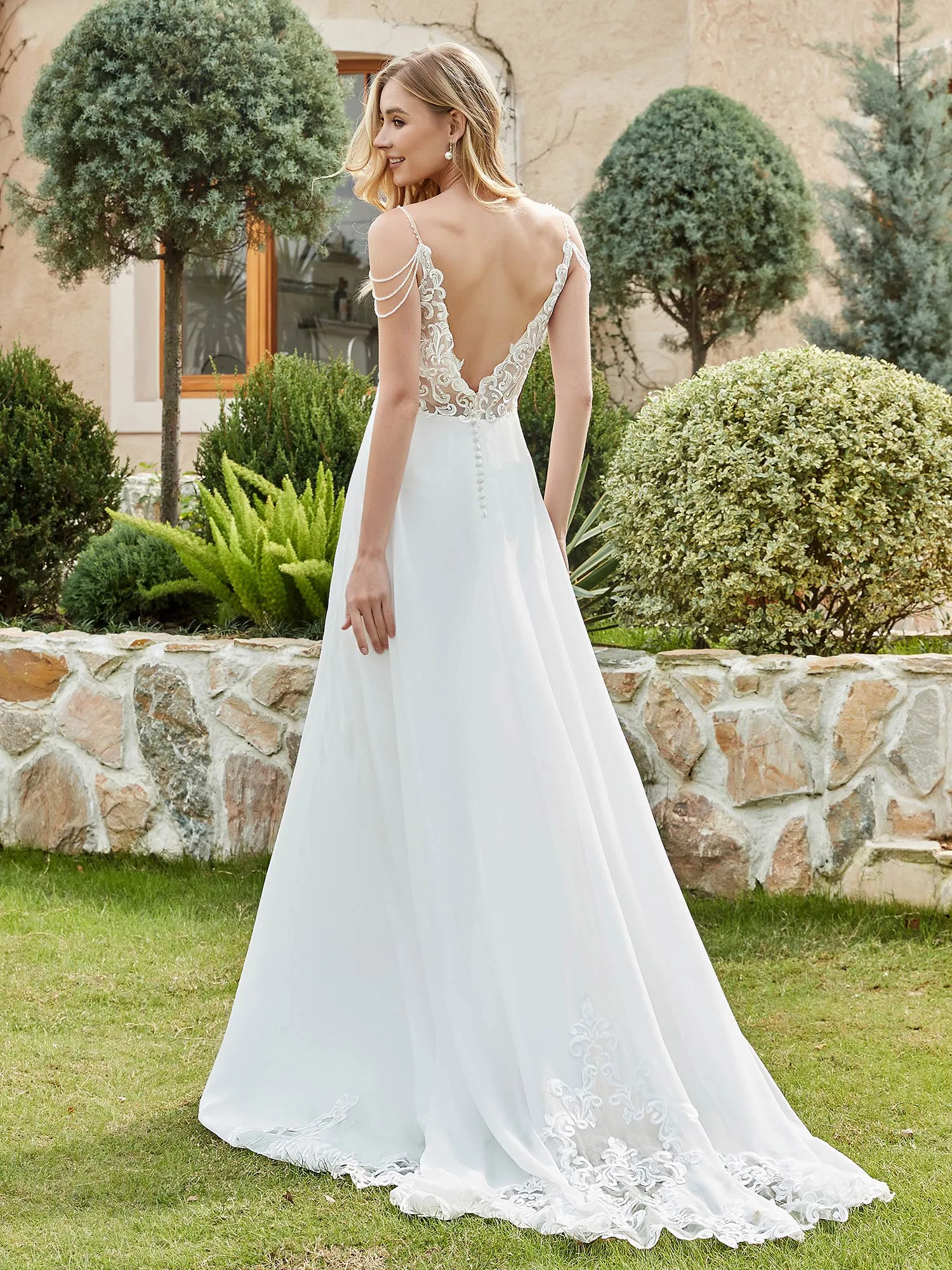 Chiffon And Lace  A-Line Wedding Dress With Buttons Champagne