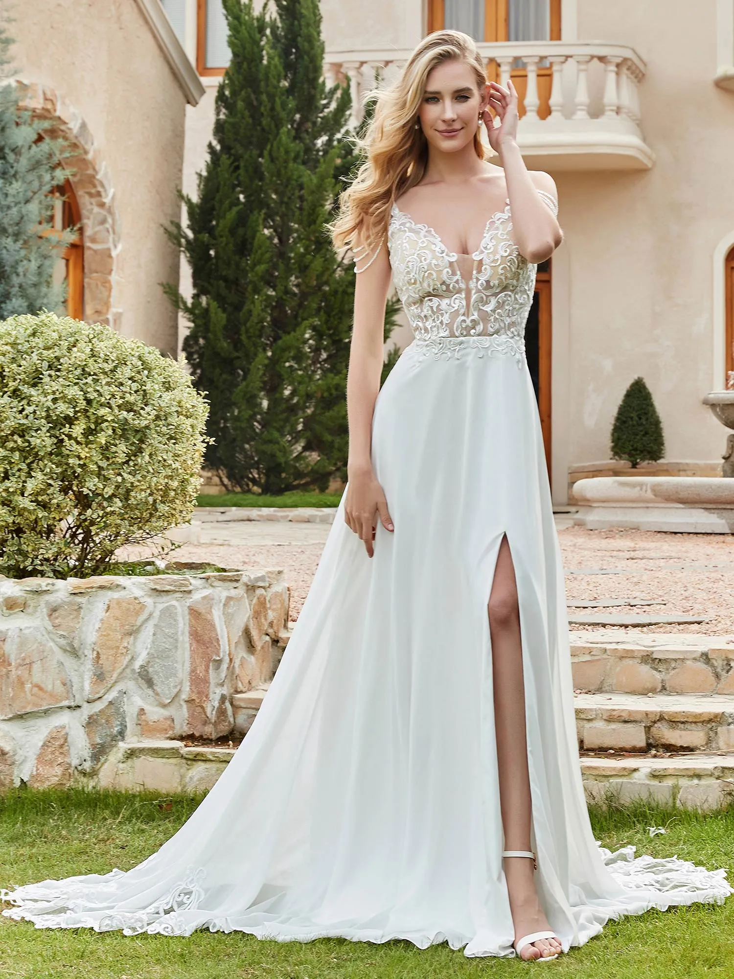 Chiffon And Lace  A-Line Wedding Dress With Buttons Champagne