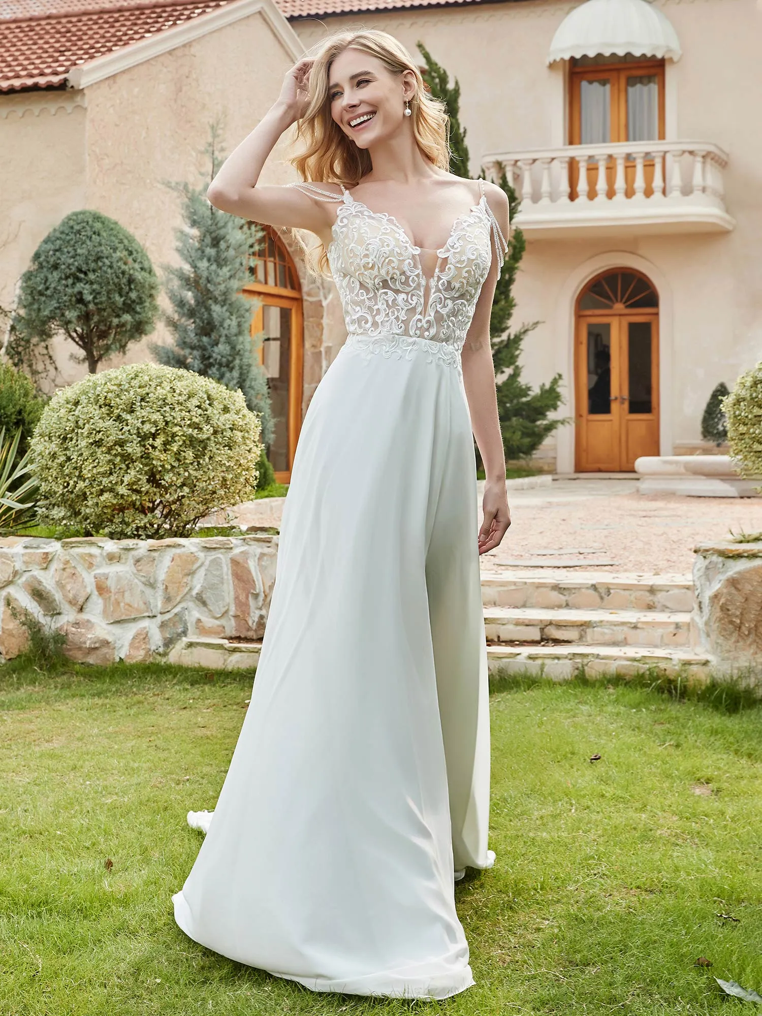 Chiffon And Lace  A-Line Wedding Dress With Buttons Champagne