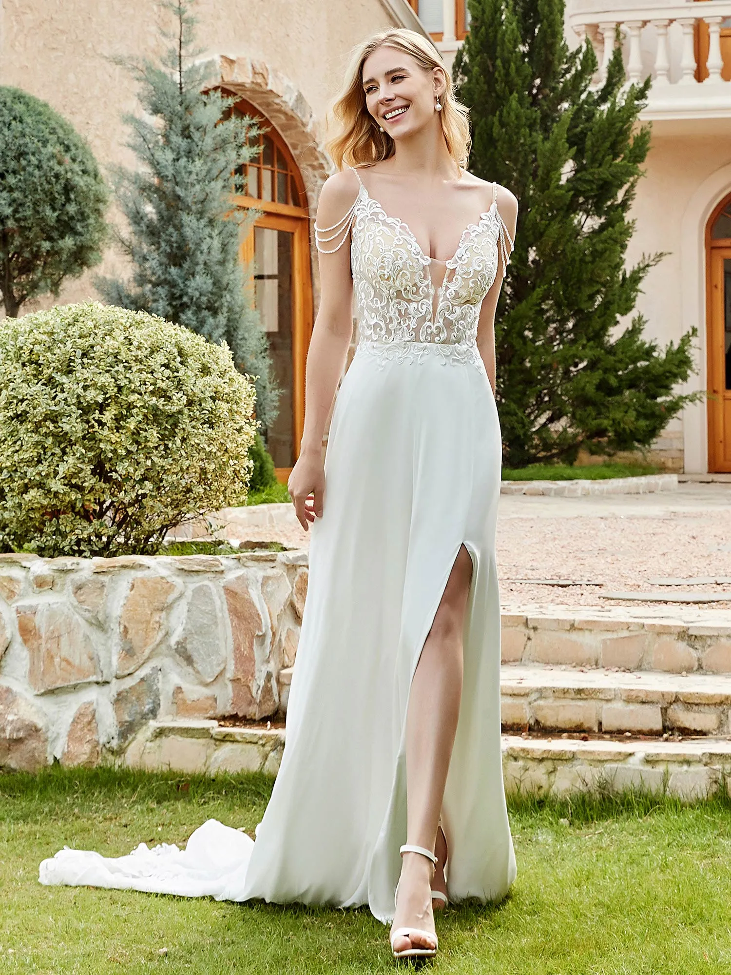 Chiffon And Lace  A-Line Wedding Dress With Buttons Champagne