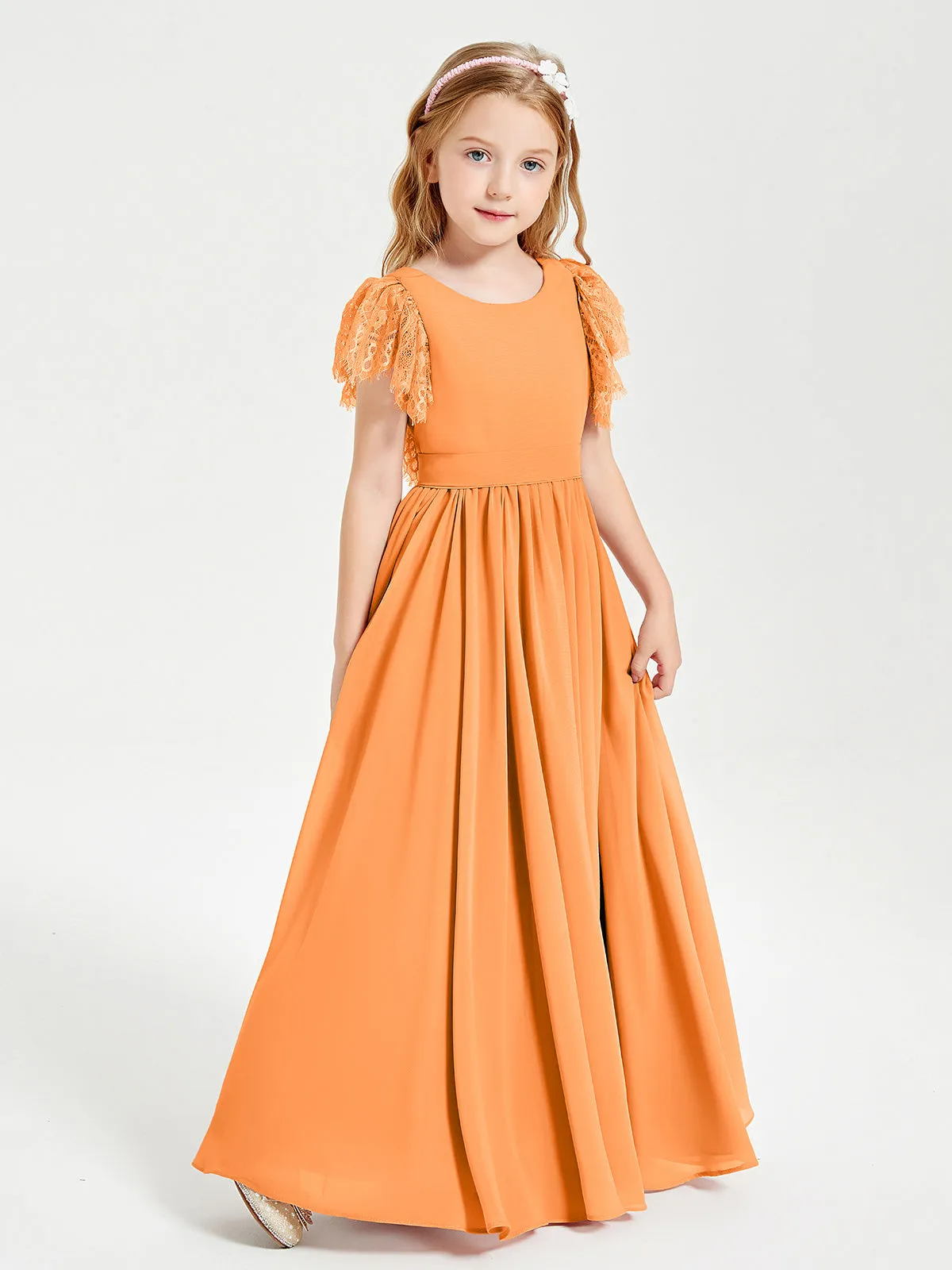 Chiffon Junior Bridesmaid Dresses Lace Flutter Sleeves Scoop Neck Orange