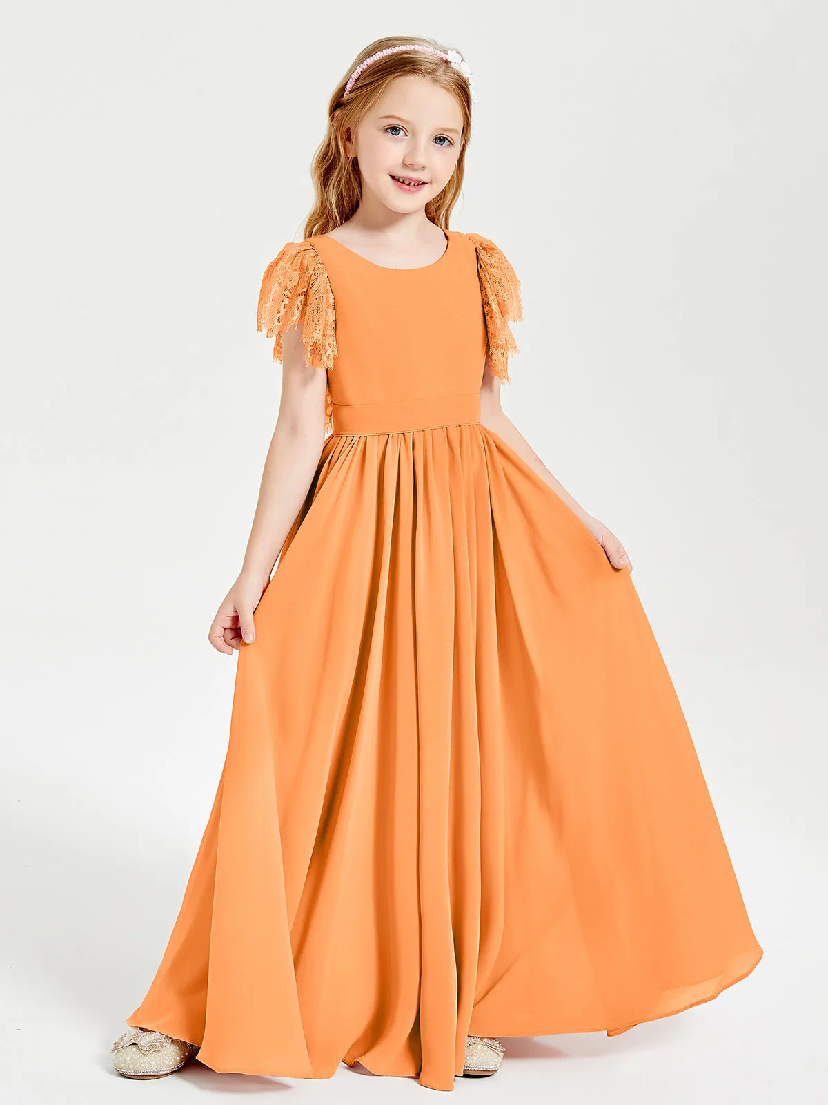 Chiffon Junior Bridesmaid Dresses Lace Flutter Sleeves Scoop Neck Orange