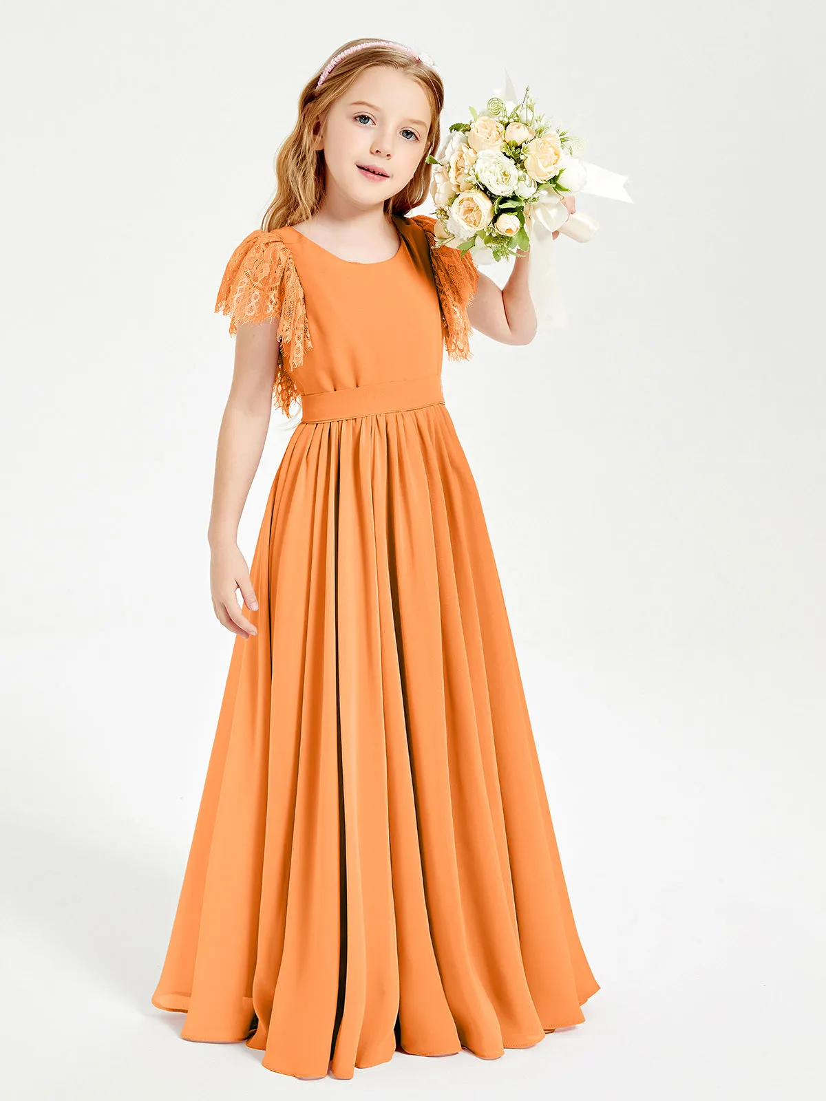 Chiffon Junior Bridesmaid Dresses Lace Flutter Sleeves Scoop Neck Orange