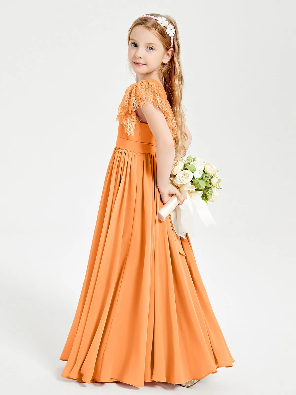 Chiffon Junior Bridesmaid Dresses Lace Flutter Sleeves Scoop Neck Orange