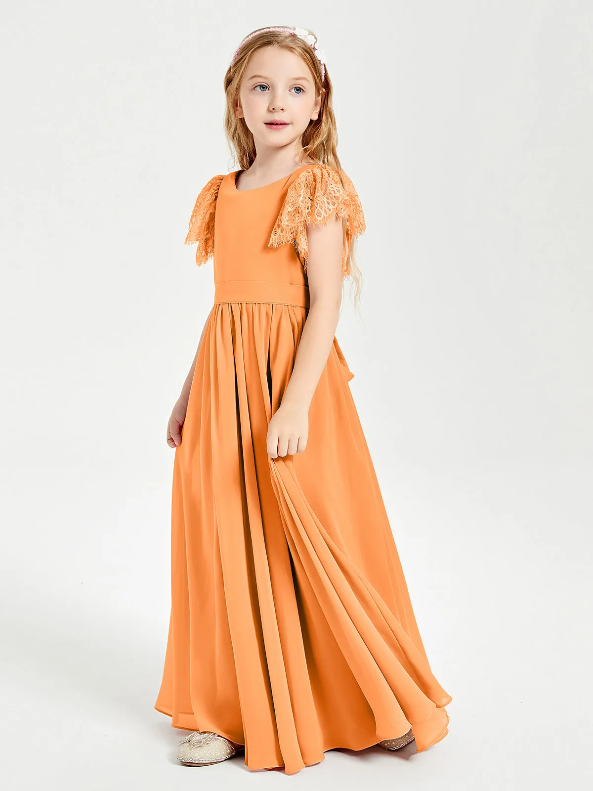 Chiffon Junior Bridesmaid Dresses Lace Flutter Sleeves Scoop Neck Orange