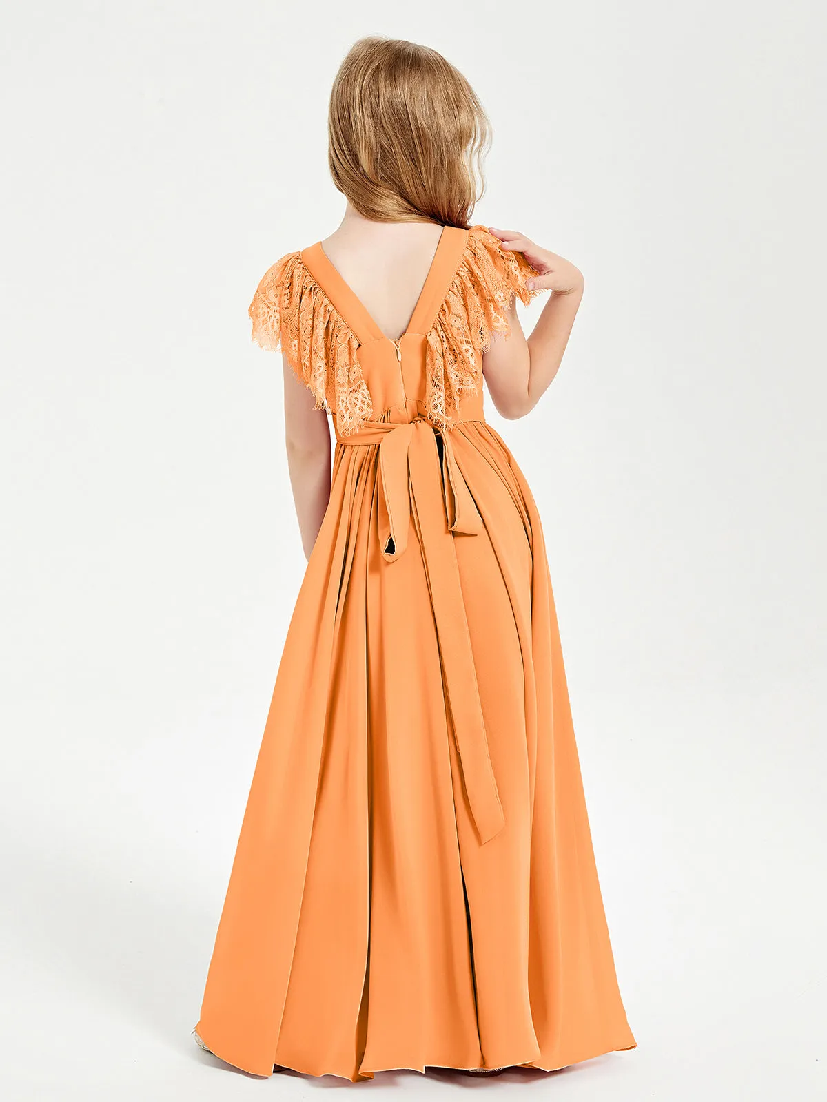 Chiffon Junior Bridesmaid Dresses Lace Flutter Sleeves Scoop Neck Orange