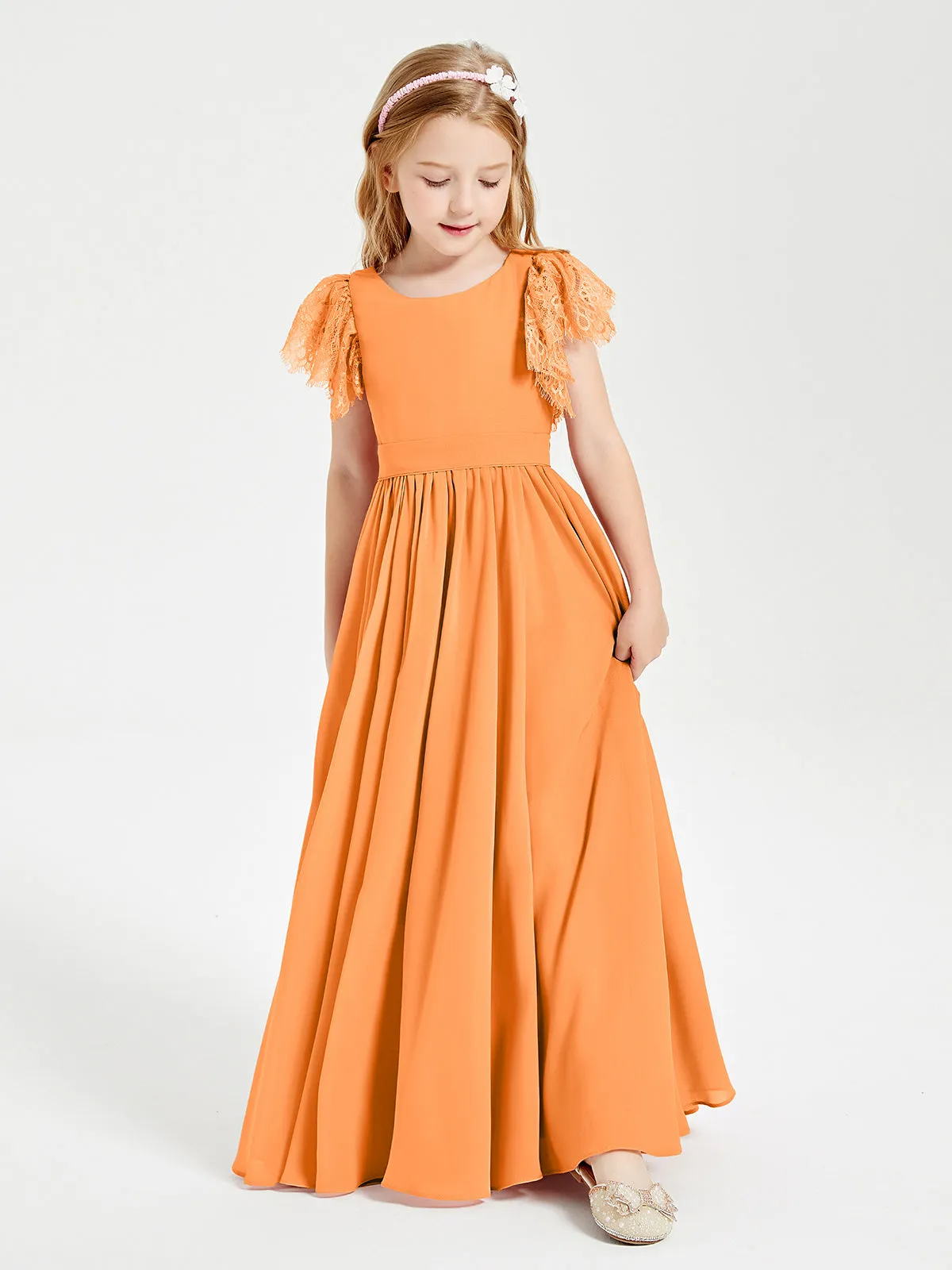 Chiffon Junior Bridesmaid Dresses Lace Flutter Sleeves Scoop Neck Orange