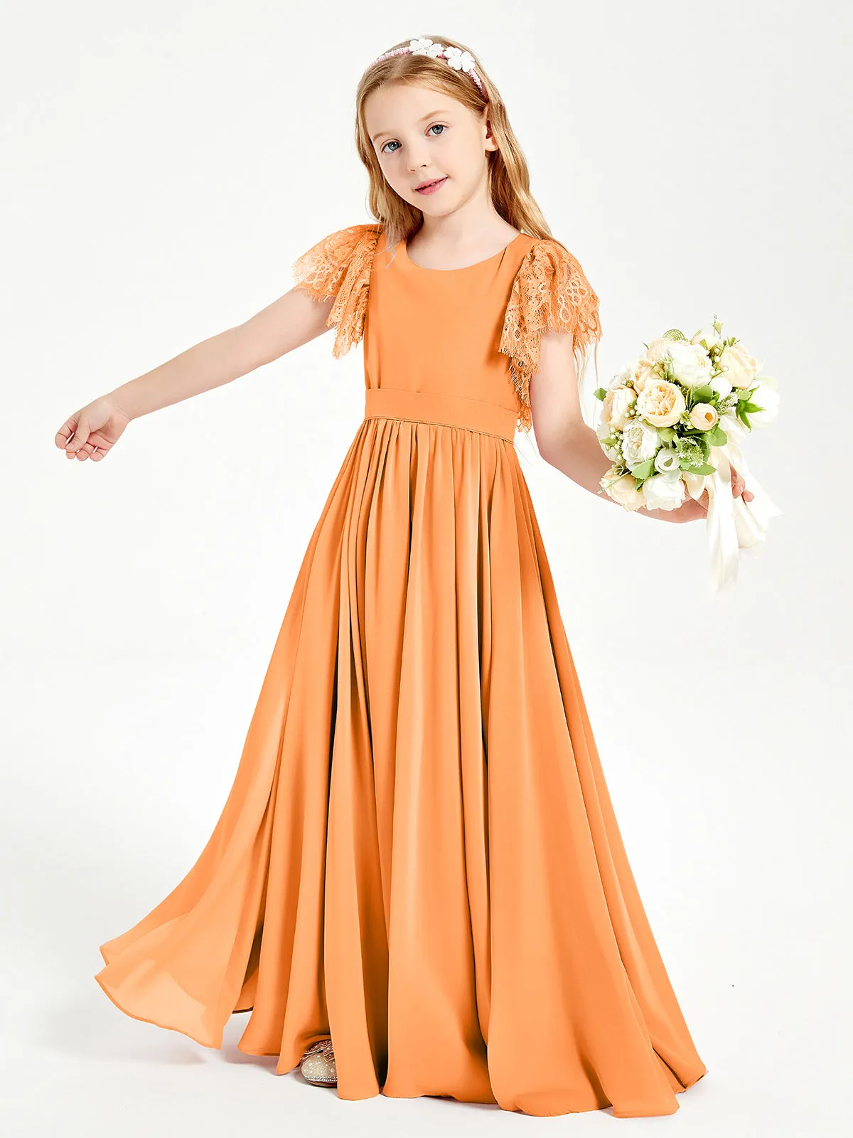 Chiffon Junior Bridesmaid Dresses Lace Flutter Sleeves Scoop Neck Orange