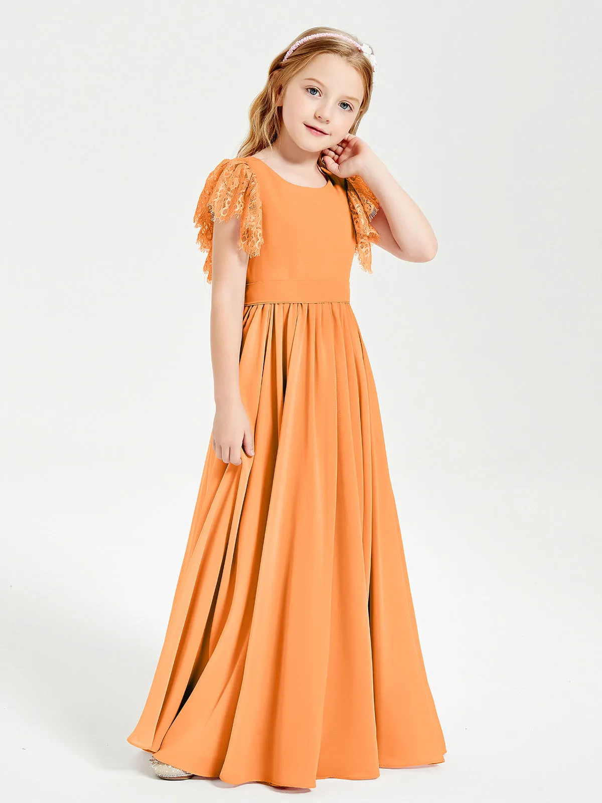 Chiffon Junior Bridesmaid Dresses Lace Flutter Sleeves Scoop Neck Orange