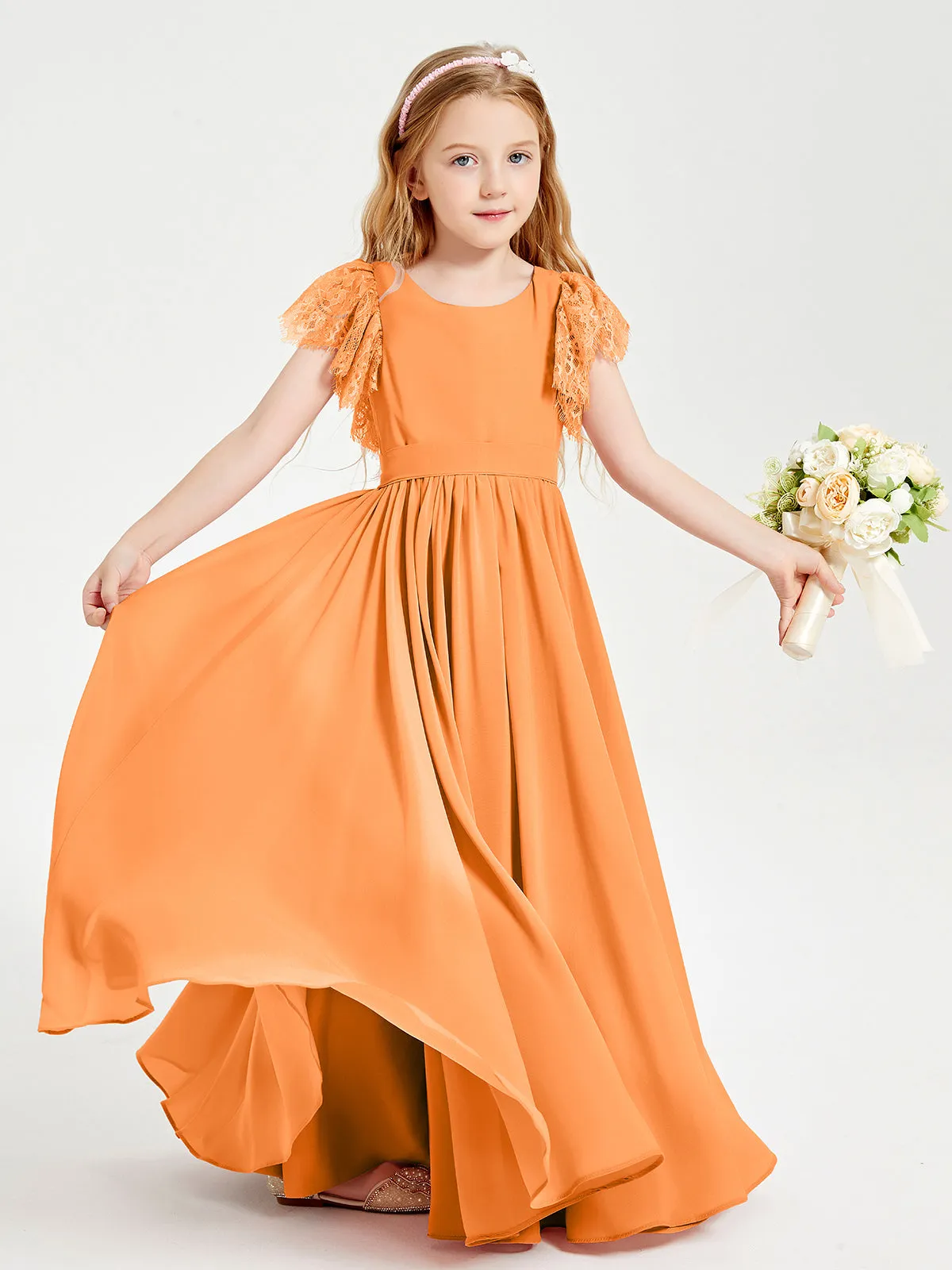 Chiffon Junior Bridesmaid Dresses Lace Flutter Sleeves Scoop Neck Orange