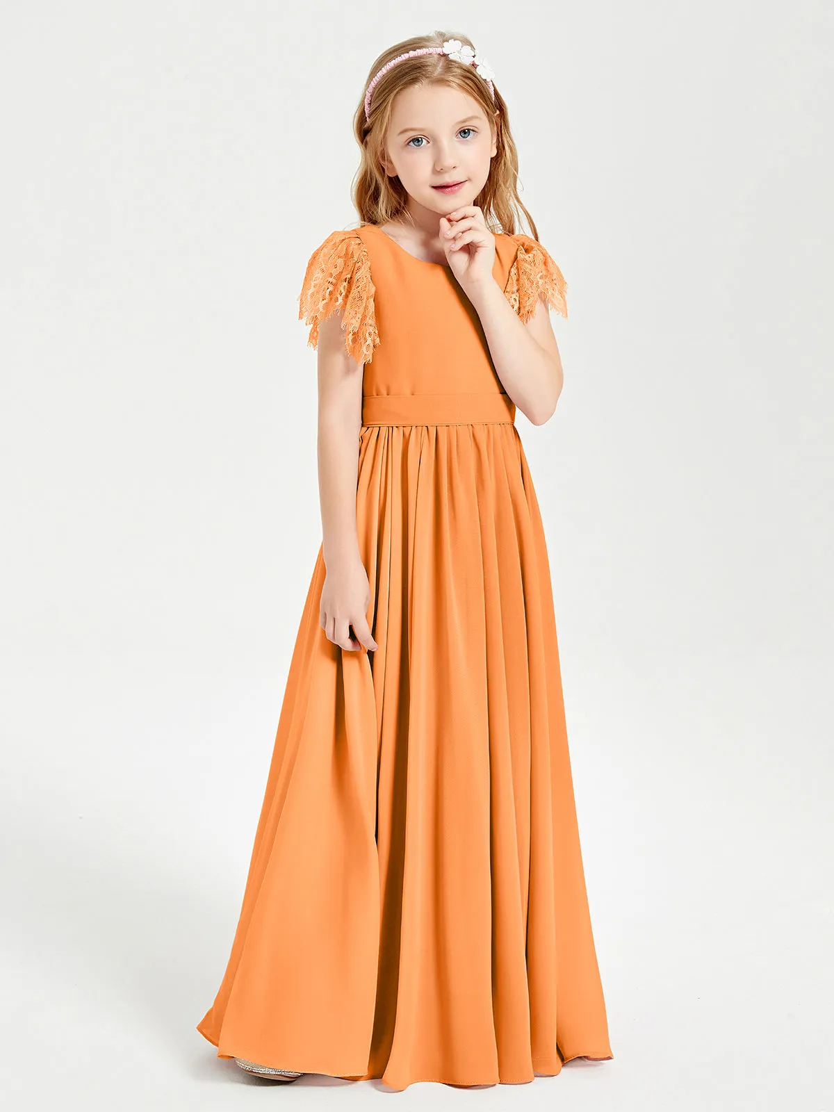 Chiffon Junior Bridesmaid Dresses Lace Flutter Sleeves Scoop Neck Orange