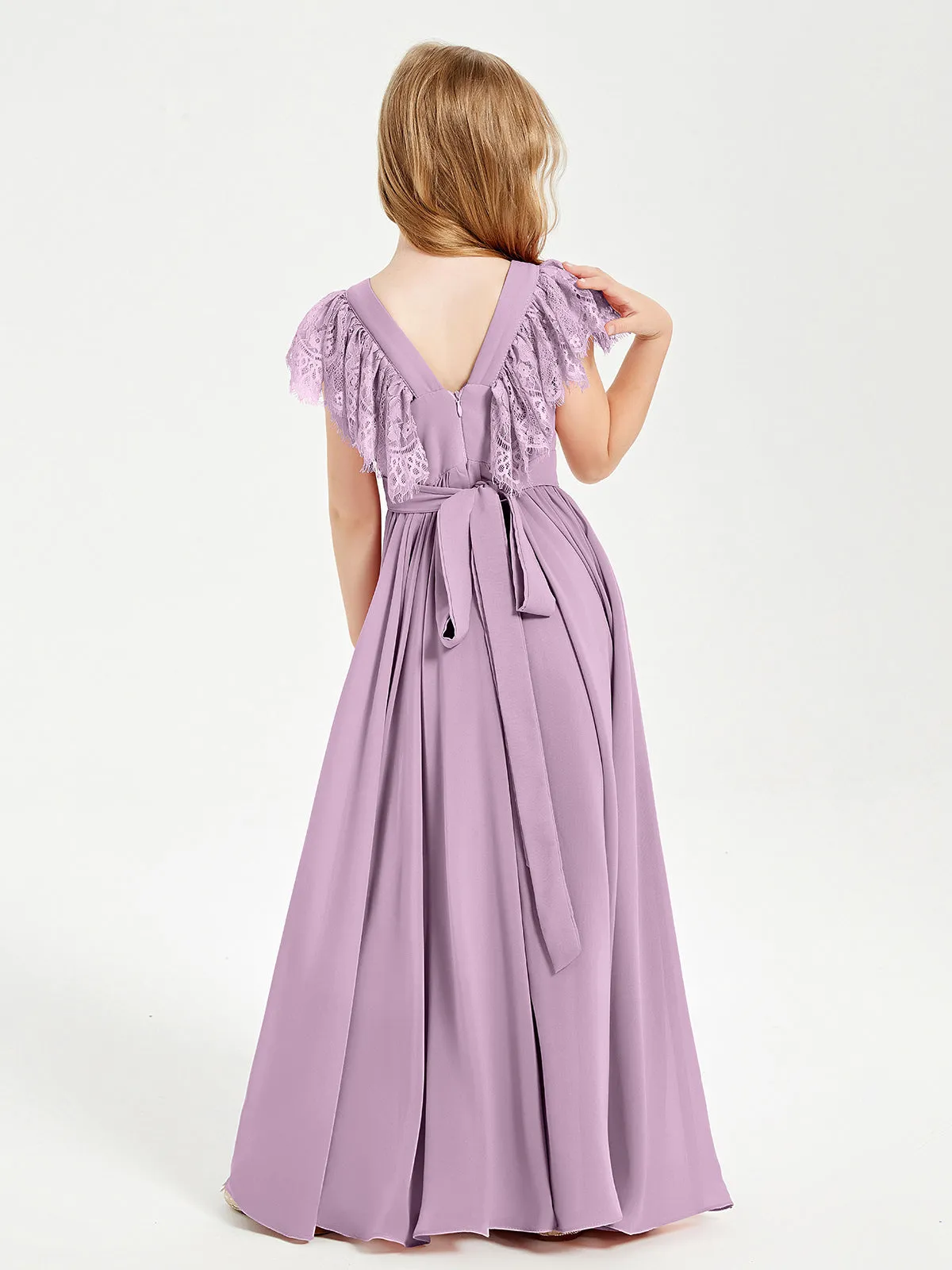 Chiffon Junior Bridesmaid Dresses Lace Flutter Sleeves Scoop Neck Wisteria