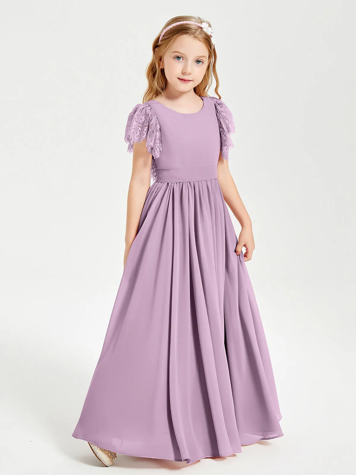 Chiffon Junior Bridesmaid Dresses Lace Flutter Sleeves Scoop Neck Wisteria